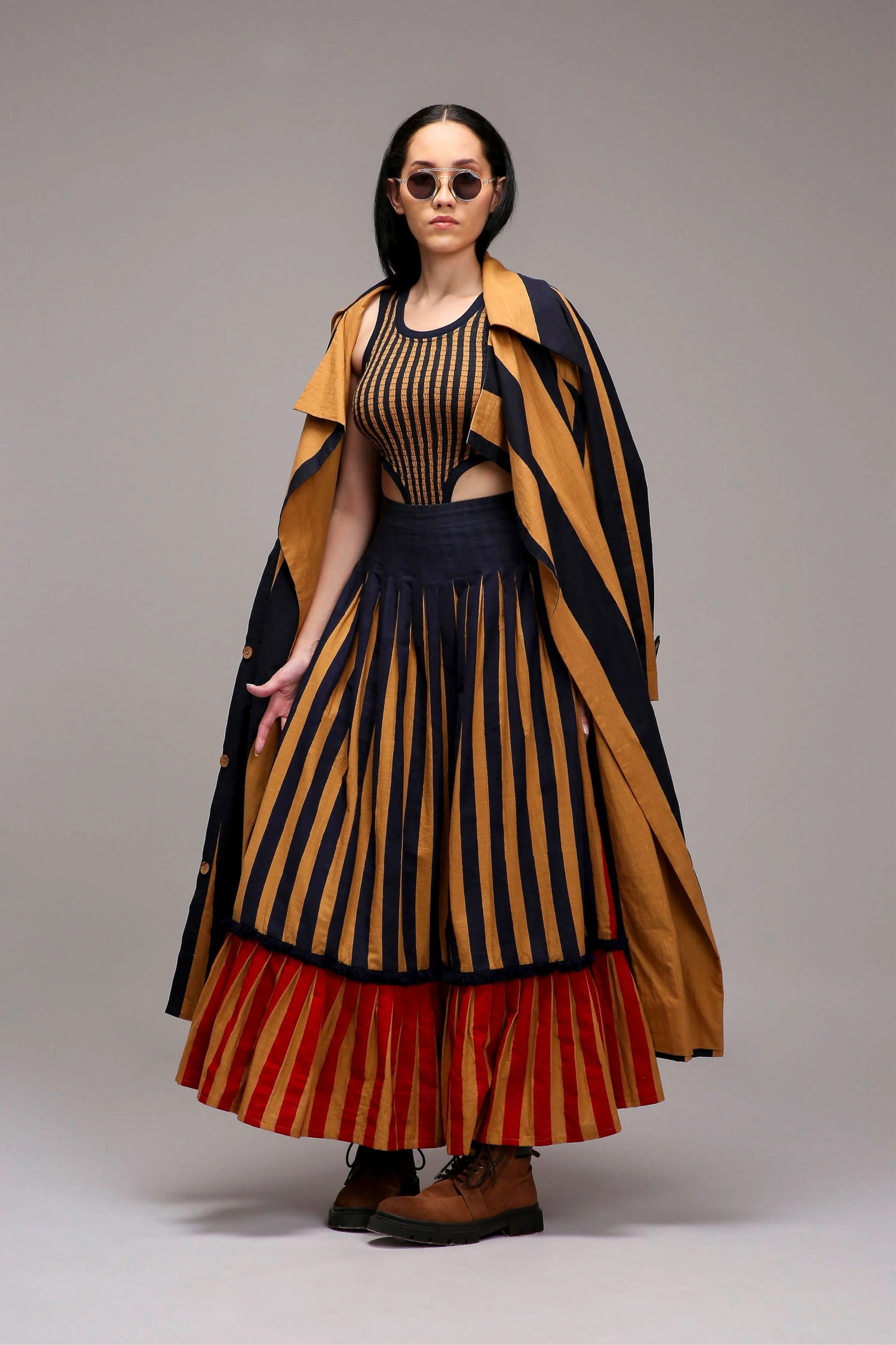 Tan-Brown Trench Bodysuit Dual Striped Skirt Set