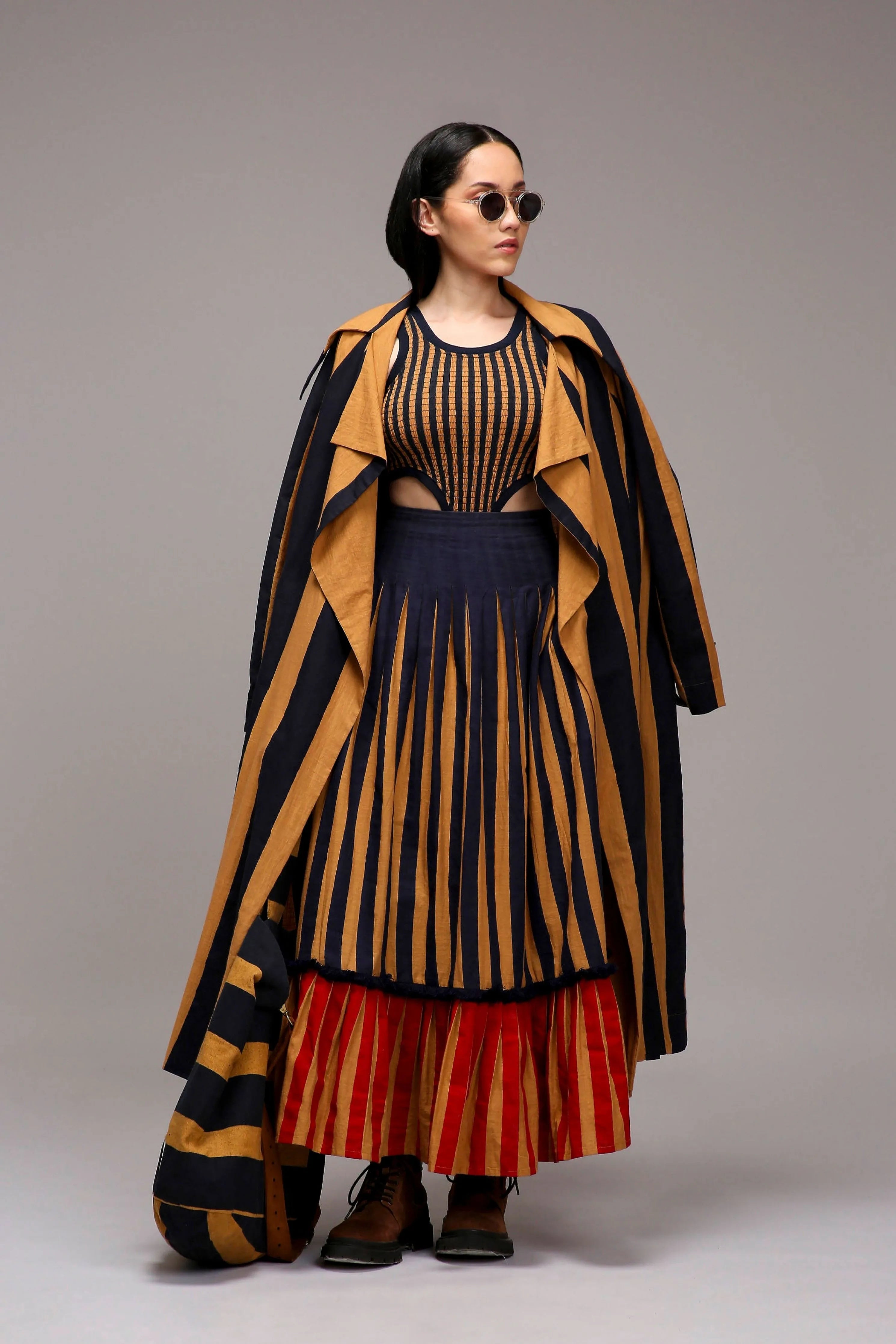 Tan-Brown Trench Bodysuit Dual Striped Skirt Set