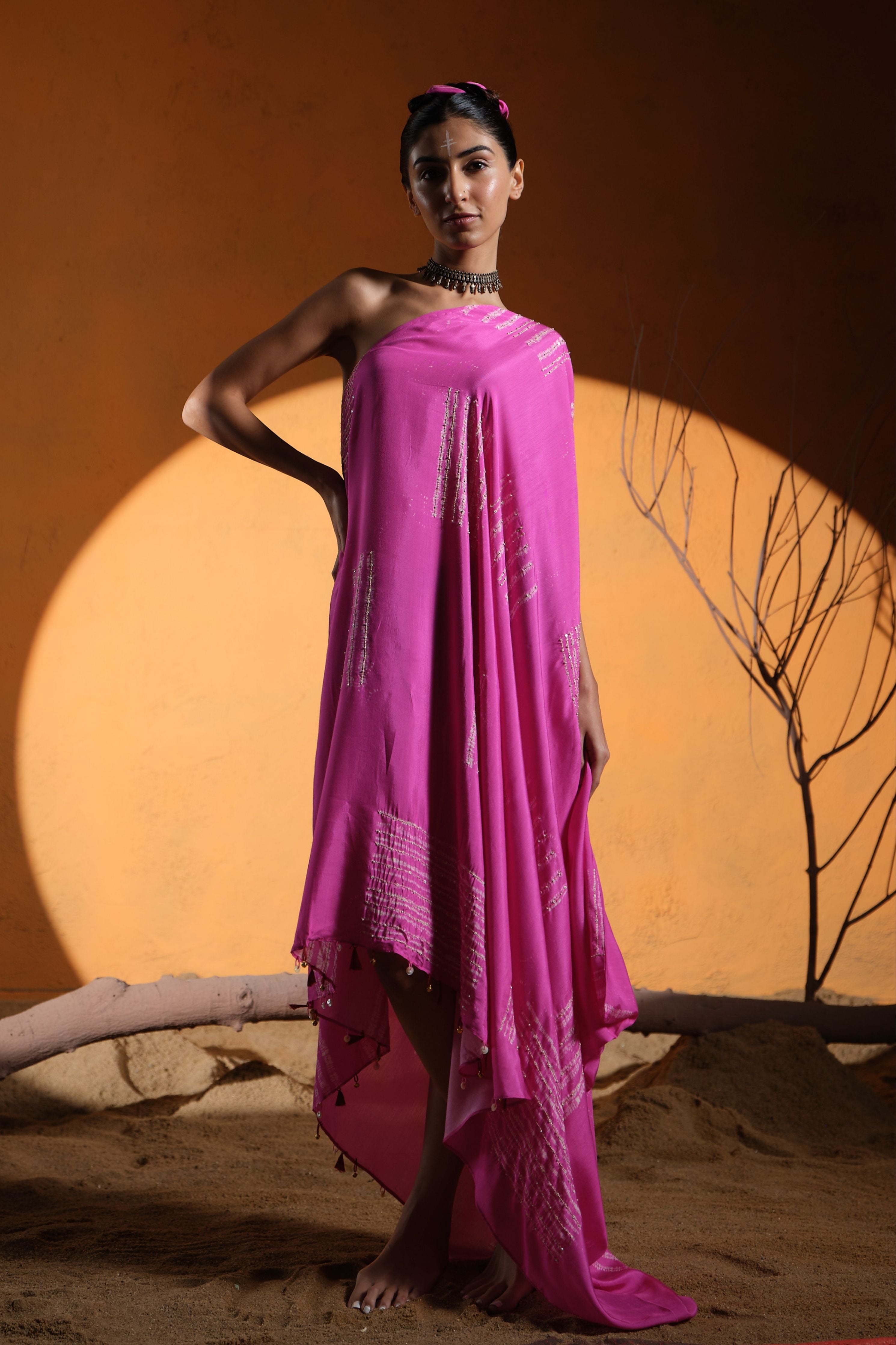 Bright Pink One Shoulder Assymetric Dress