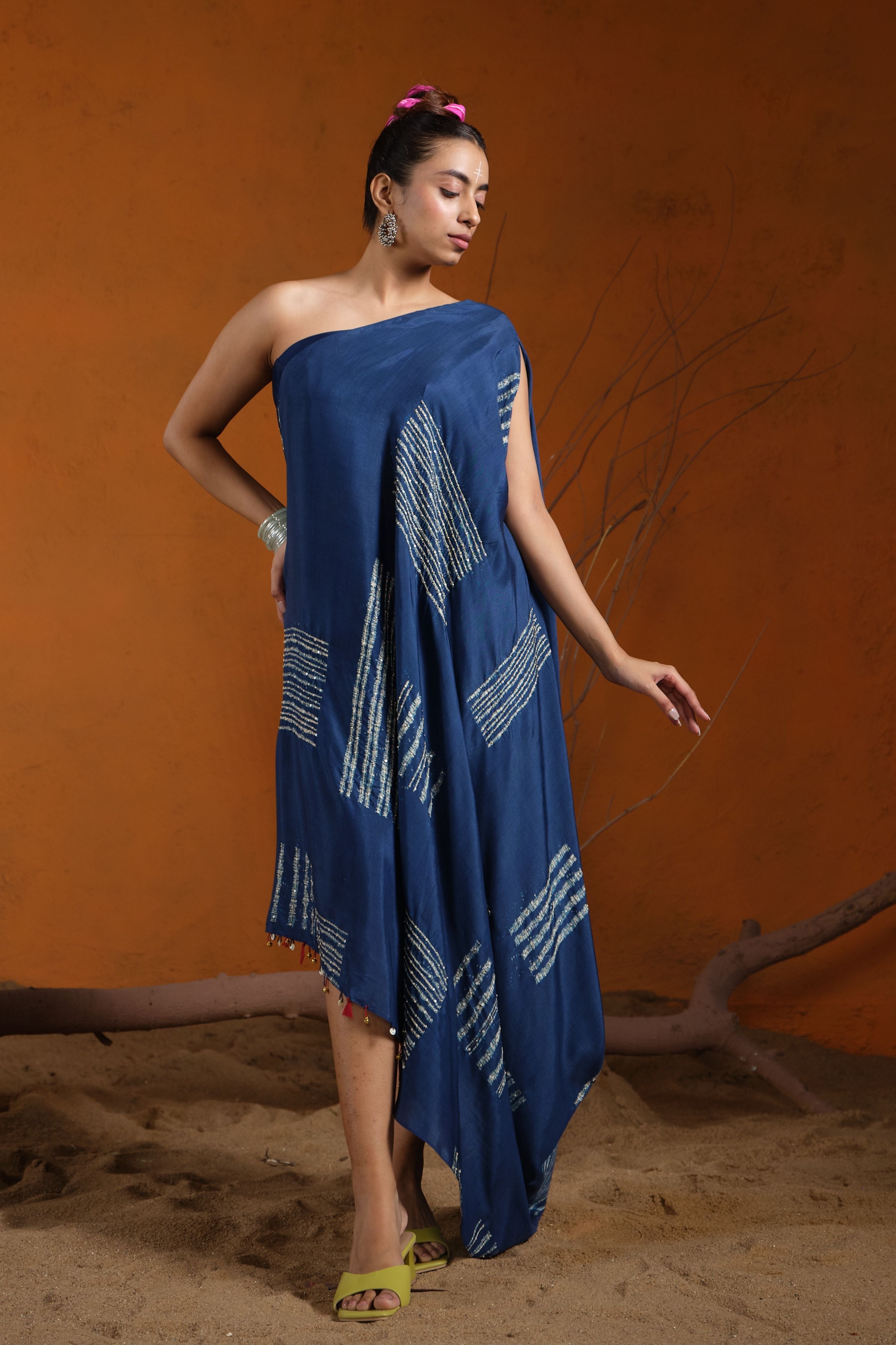 Indigo Blue One Shoulder Assymetric Dress