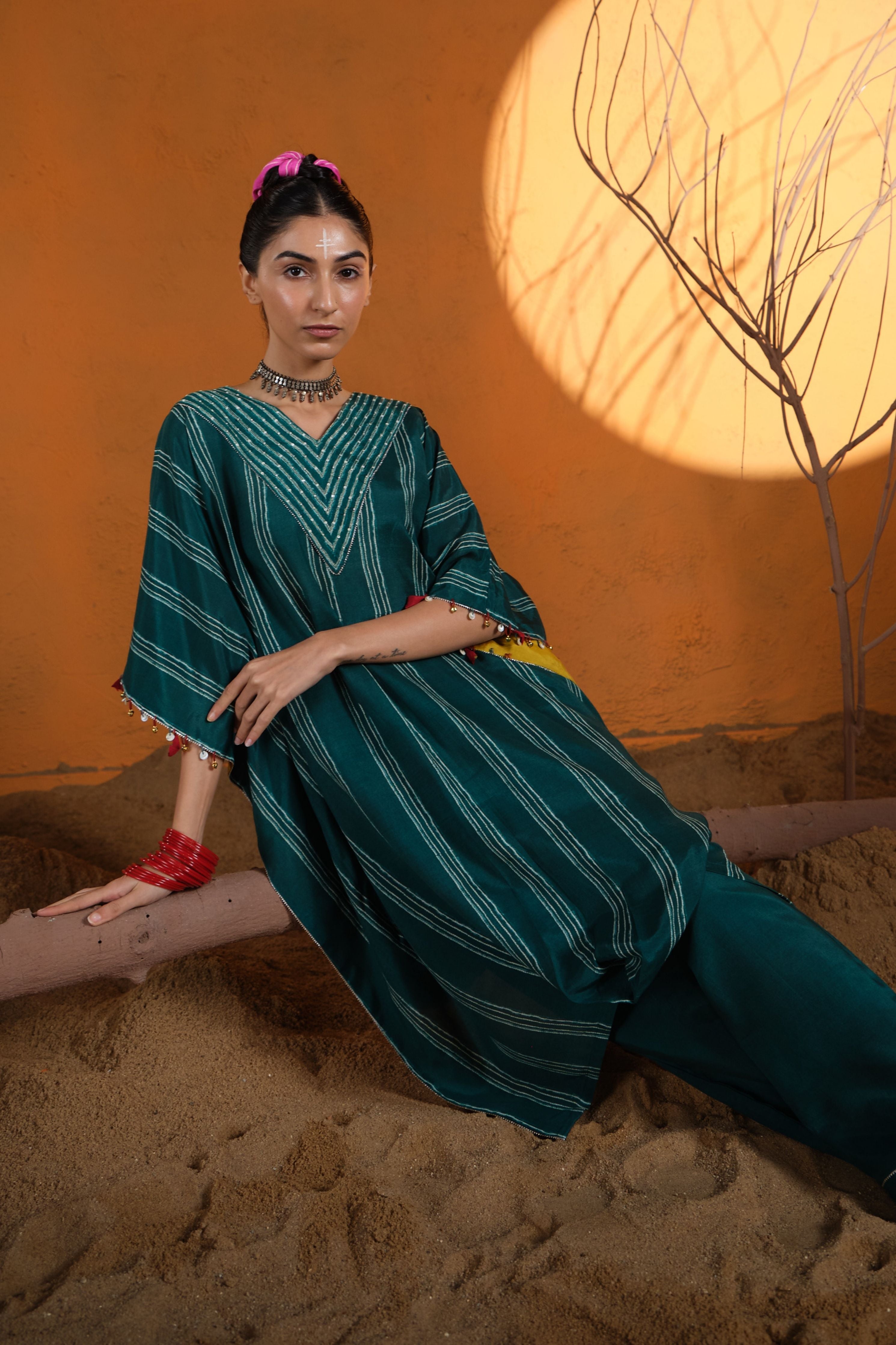 Green V-Neck Kaftan Set