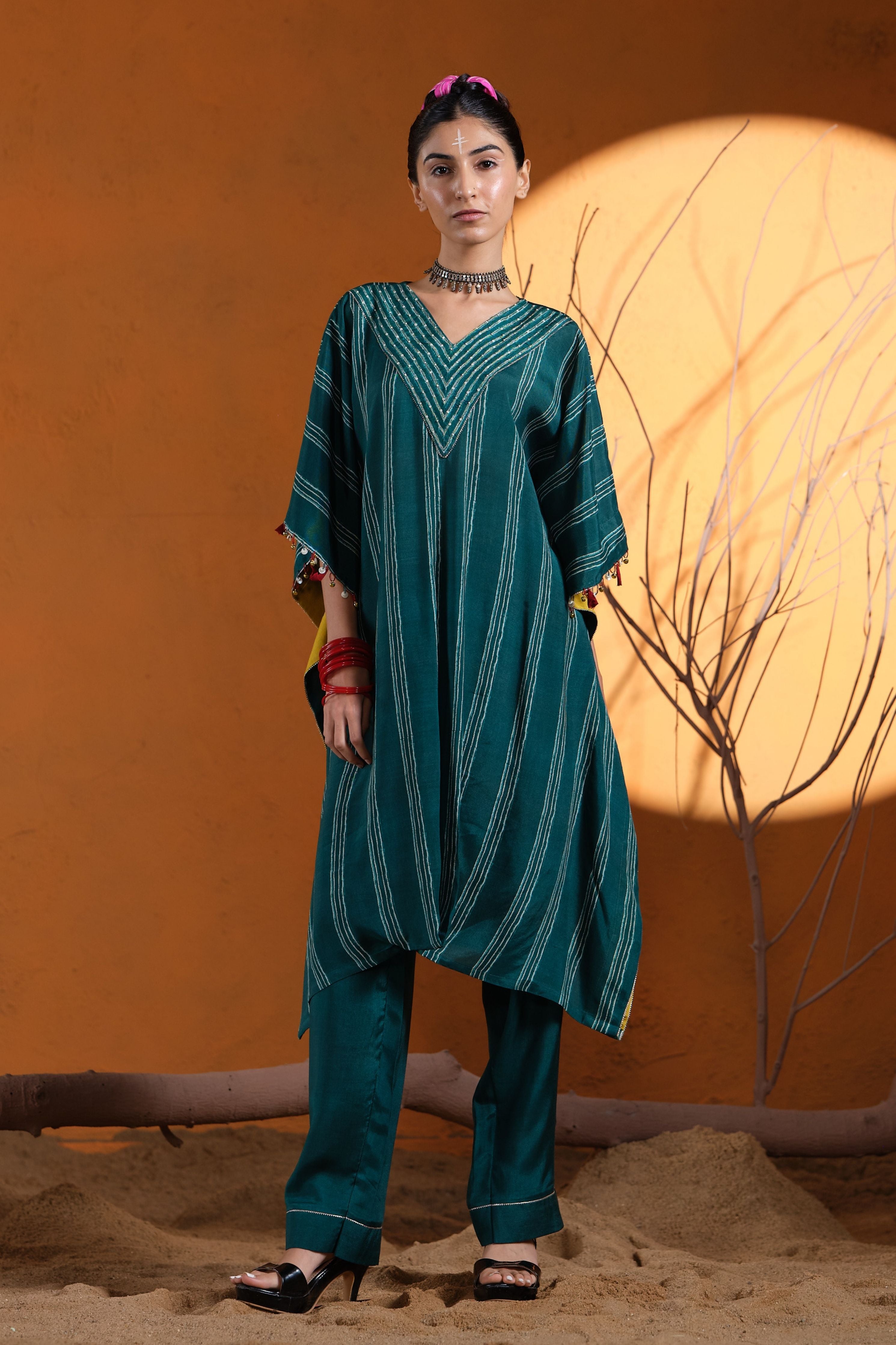 Green V-Neck Kaftan Set