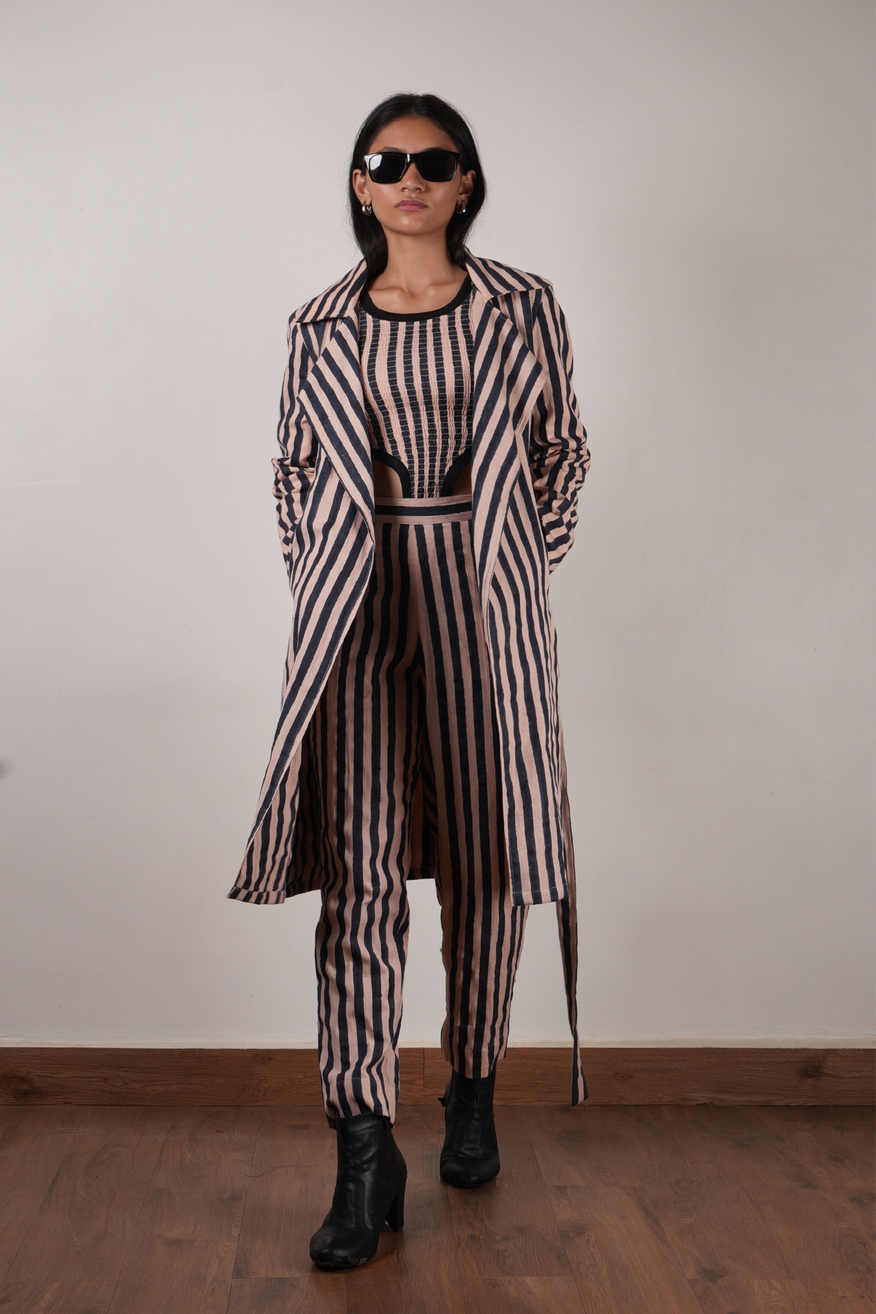 Pink with Charcoal Block Printed Trench Jacket