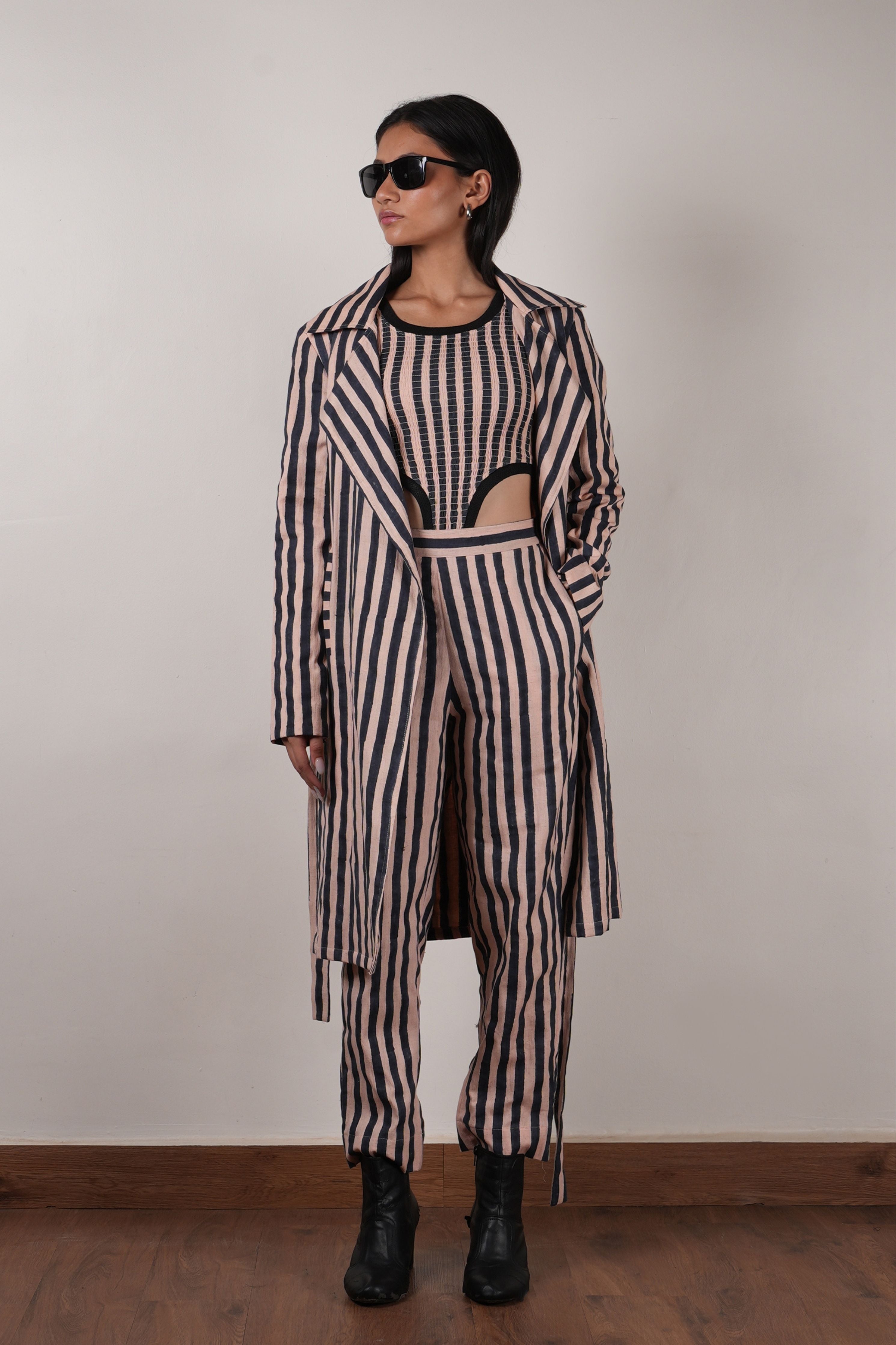 Pink with Charcoal Block Printed Striped Trench & Bodysuit Set