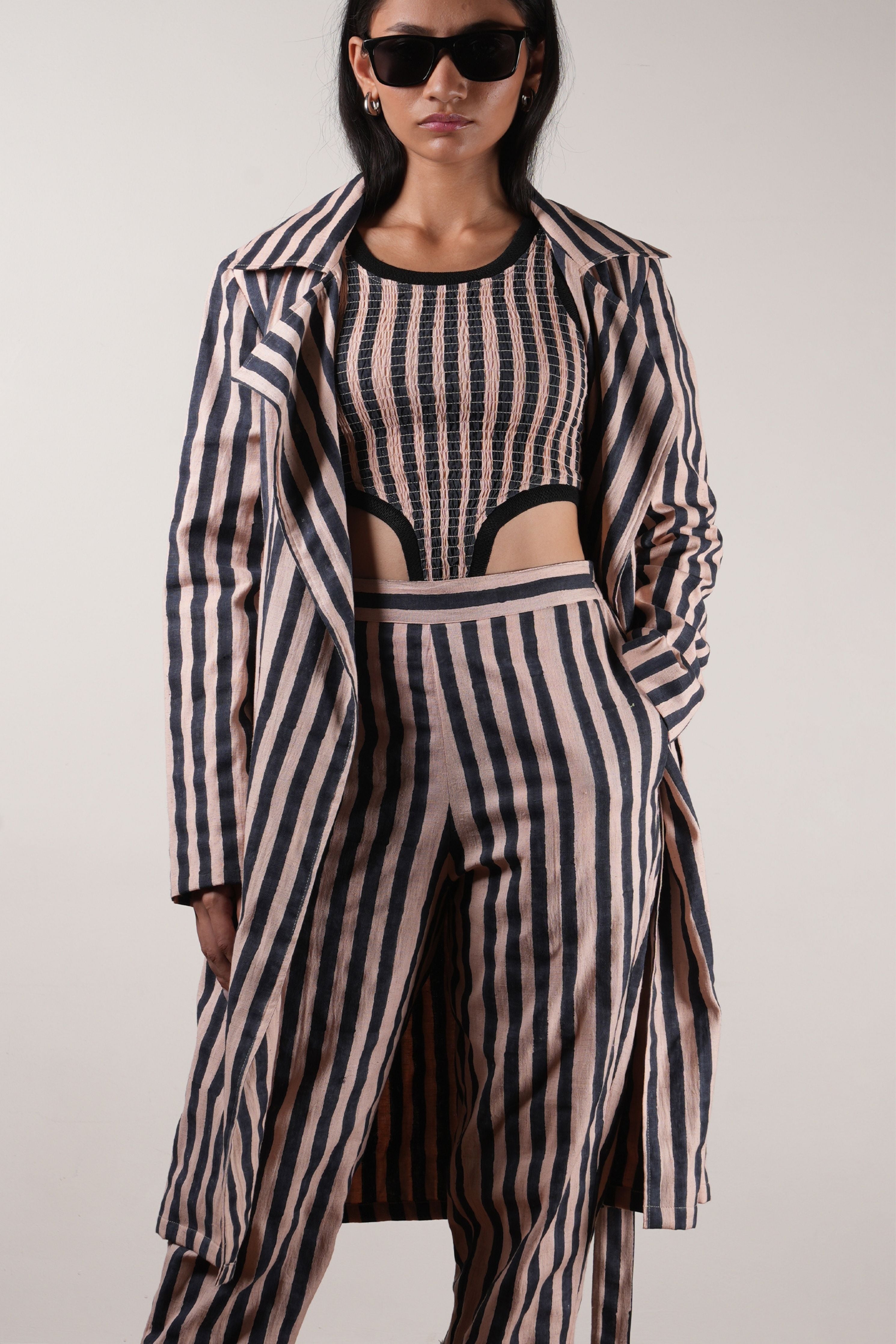 Pink with Charcoal Block Printed Striped Trench & Bodysuit Set