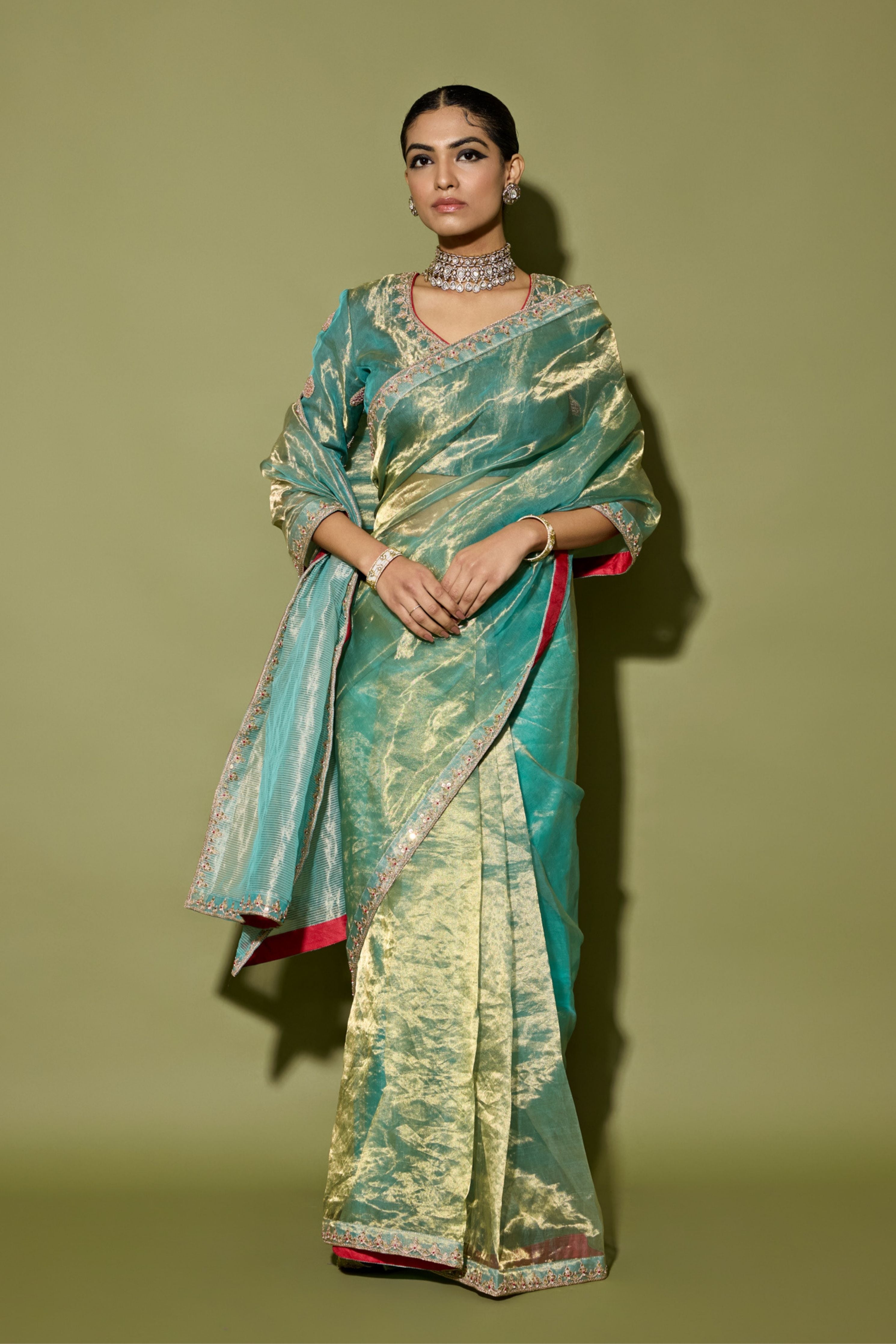 Turquoise Half Stripe Tissue Saree
