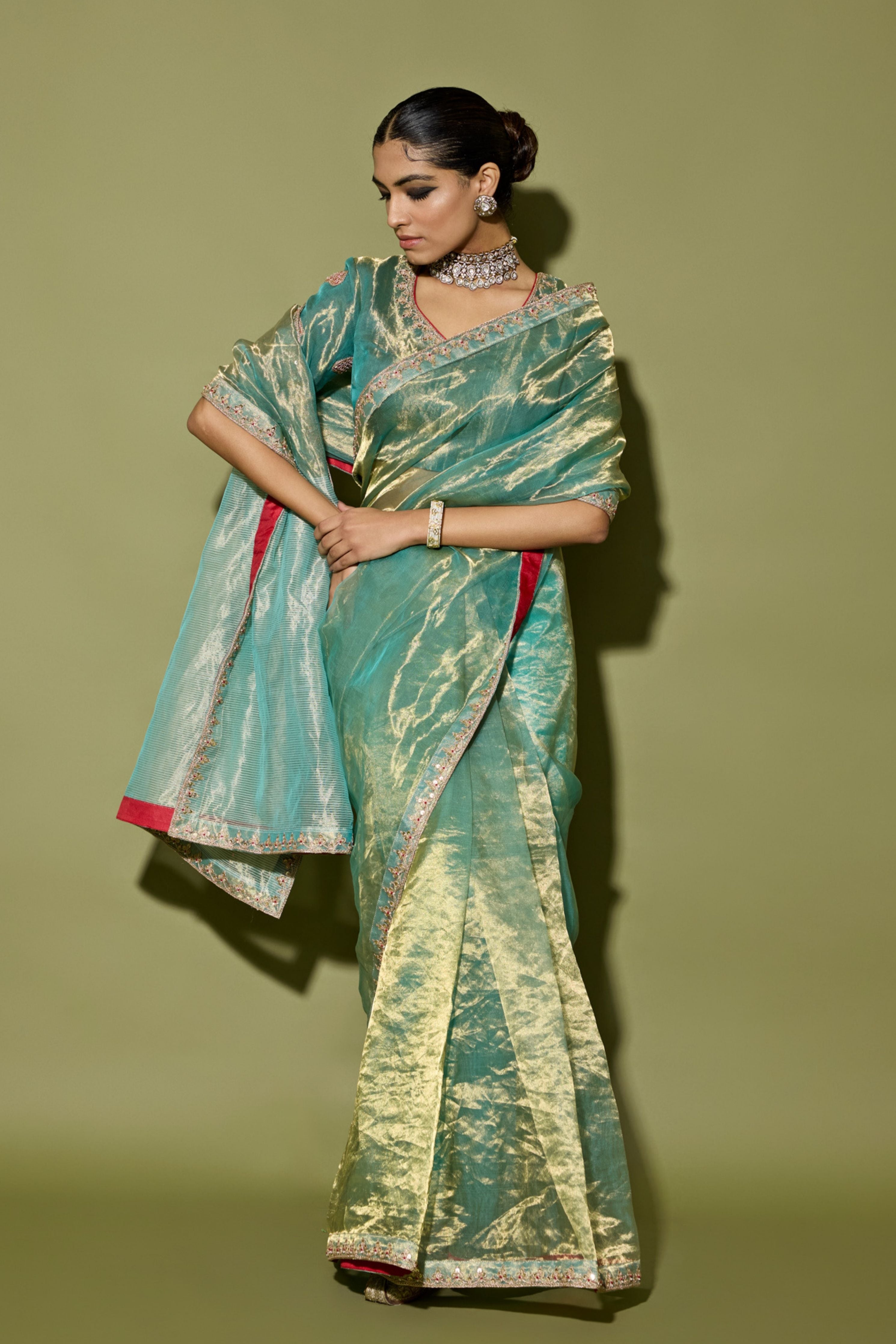 Turquoise Half Stripe Tissue Saree