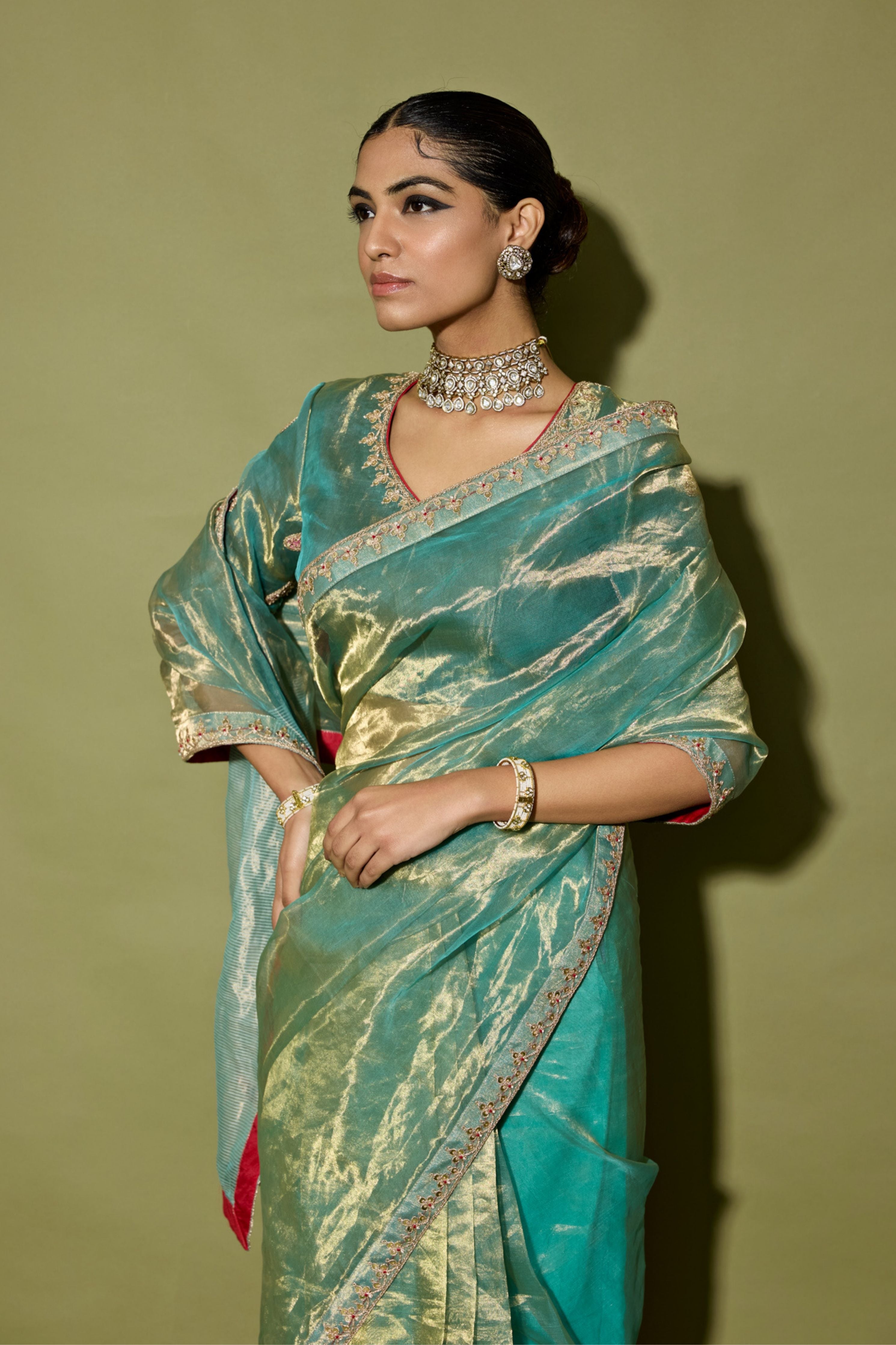 Turquoise Half Stripe Tissue Saree