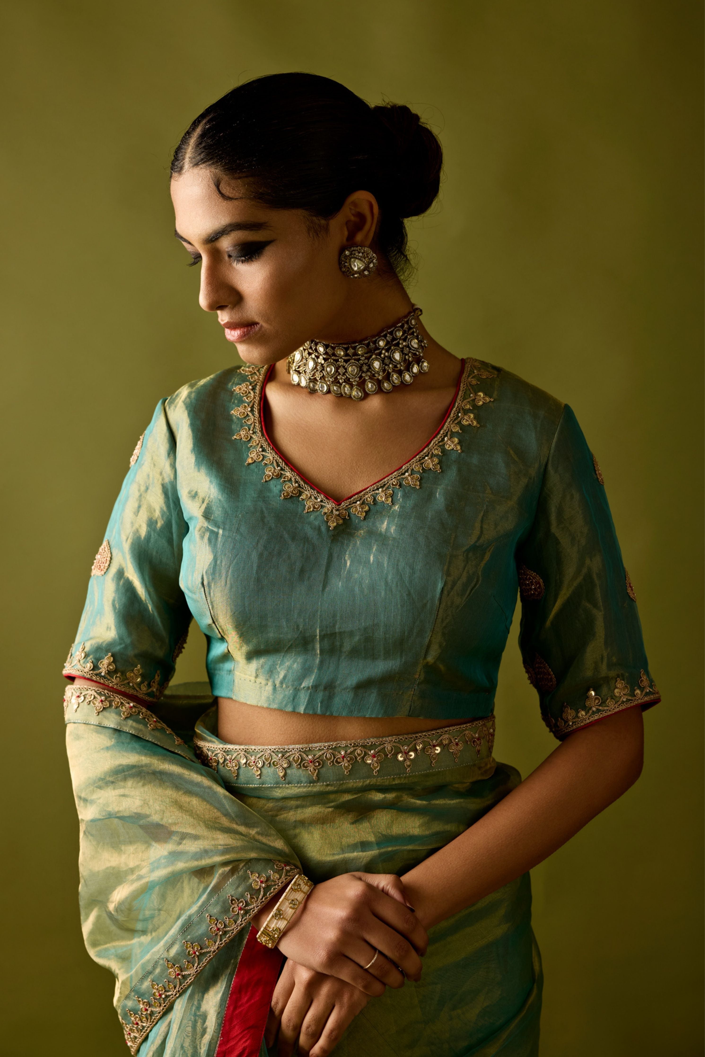 Turquoise Half Stripe Tissue Saree