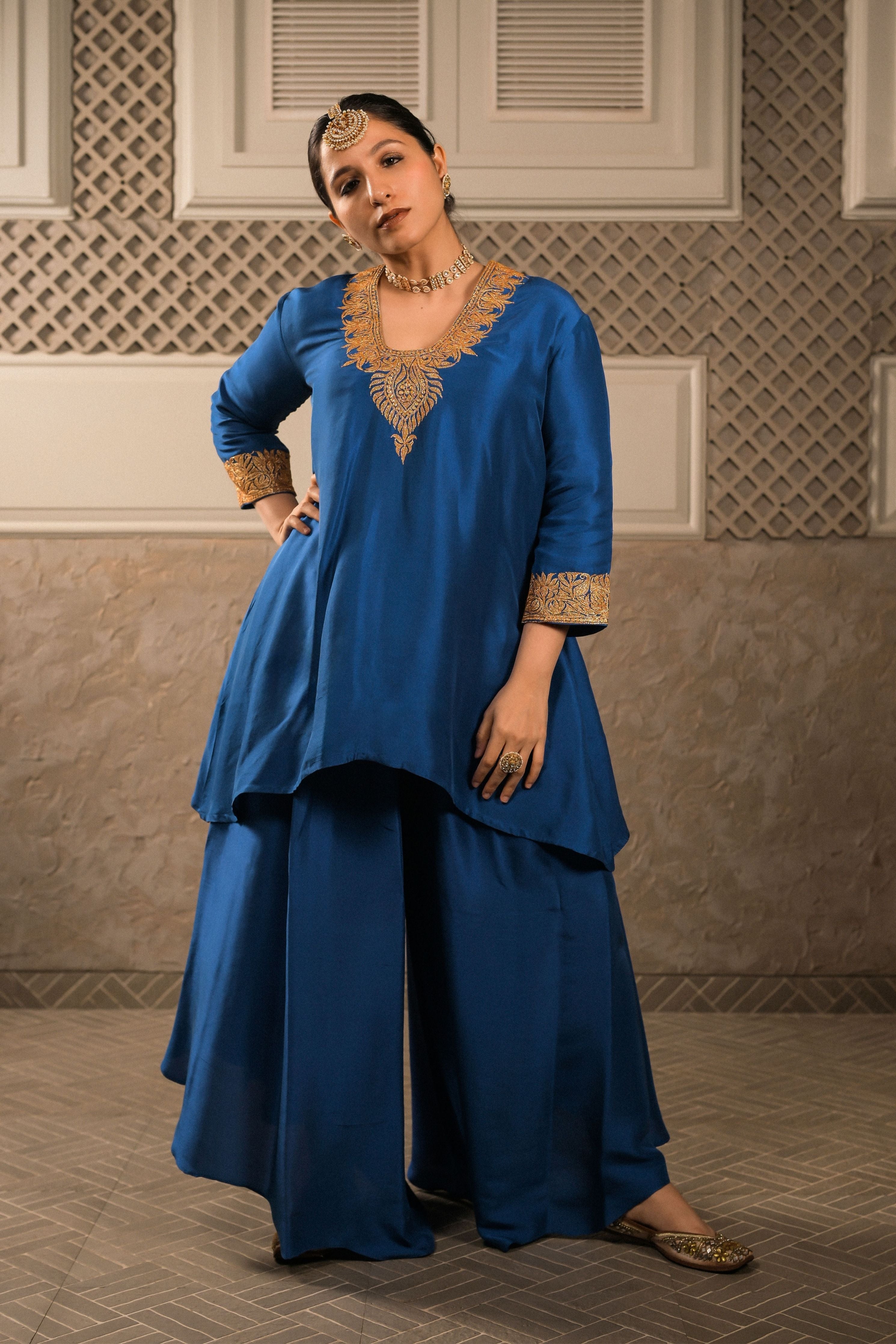 Smera' Royal Blue kurta with high low palazzo pants