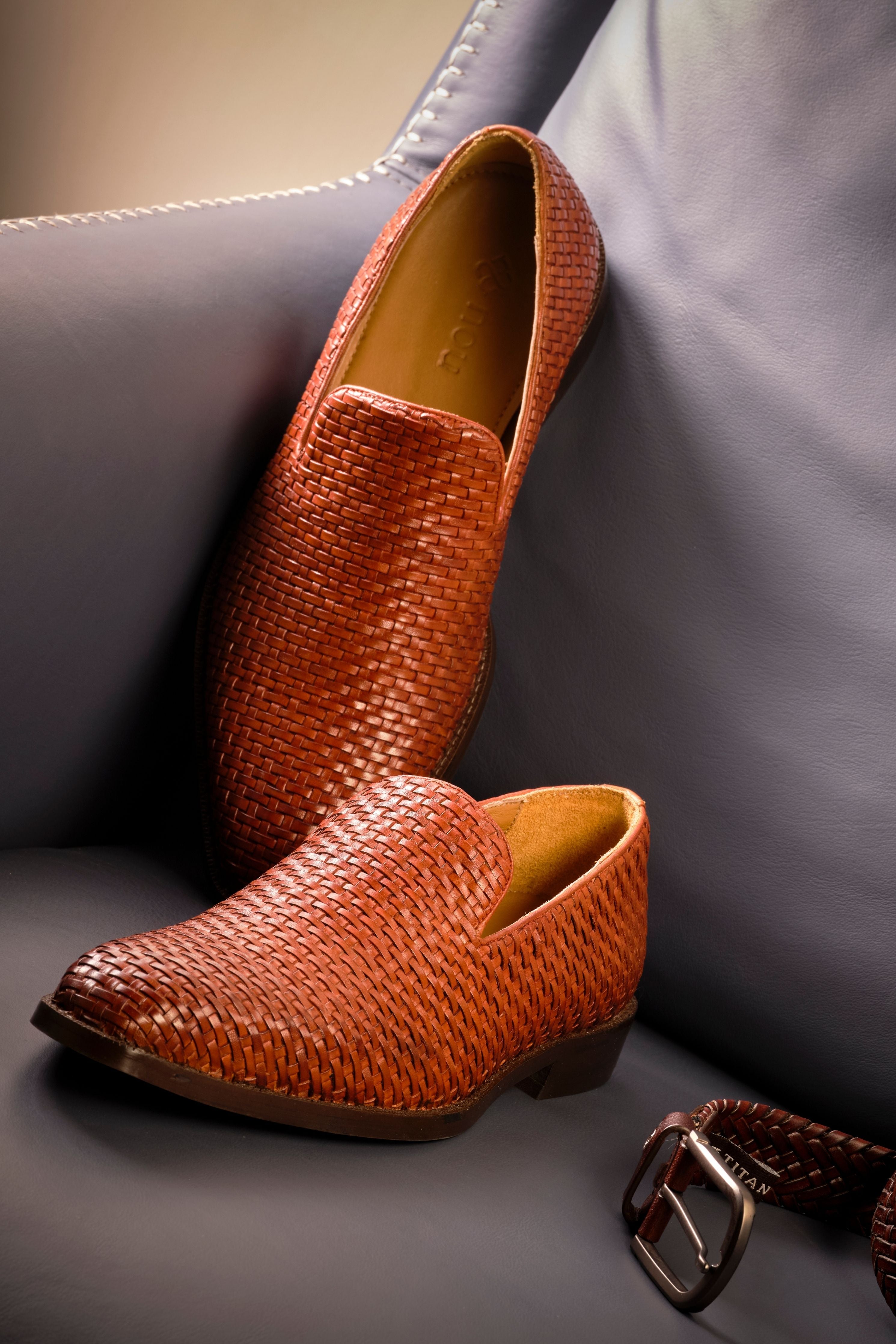 Tan Weaved Cuban Slip Ons