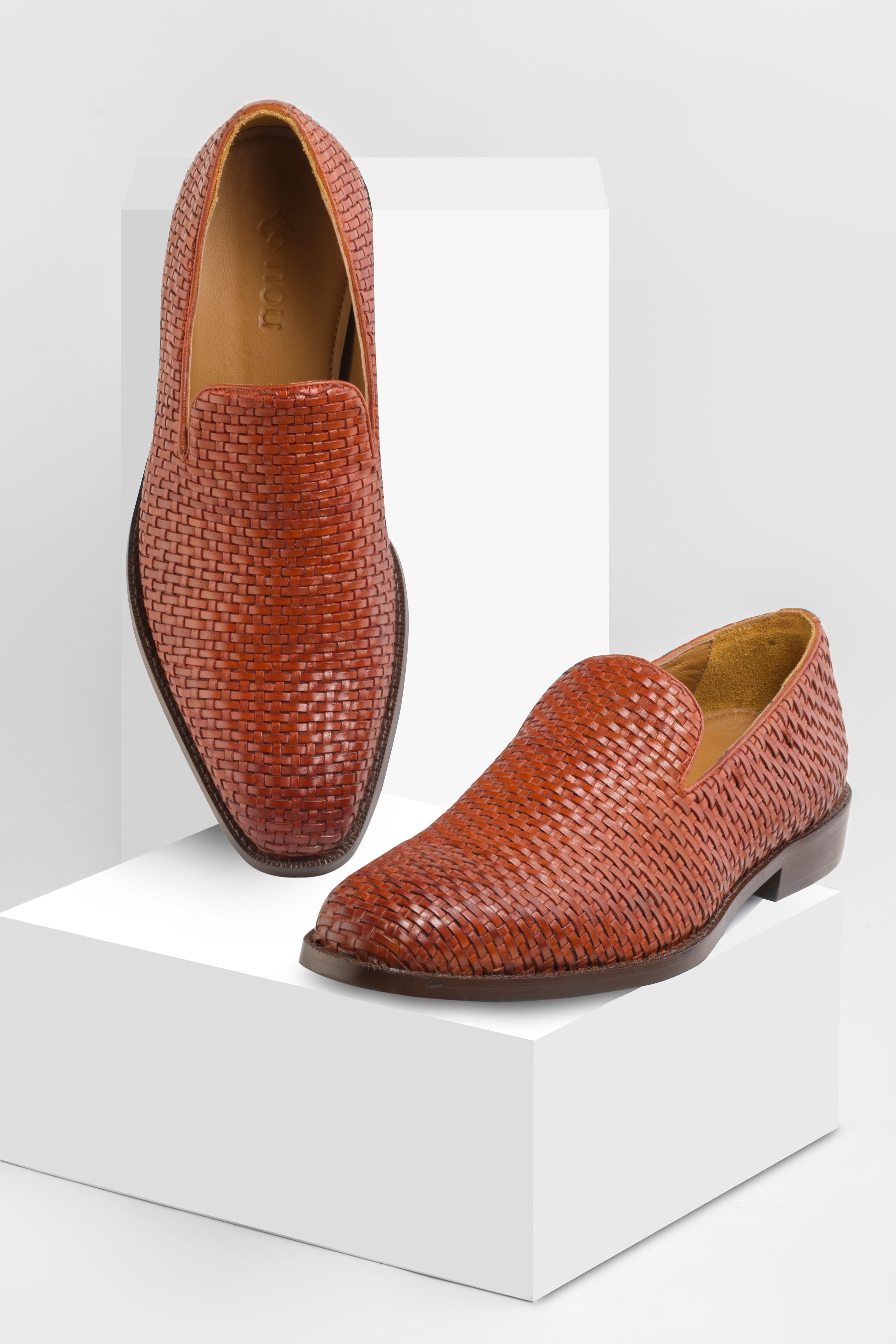 Tan Weaved Cuban Slip Ons