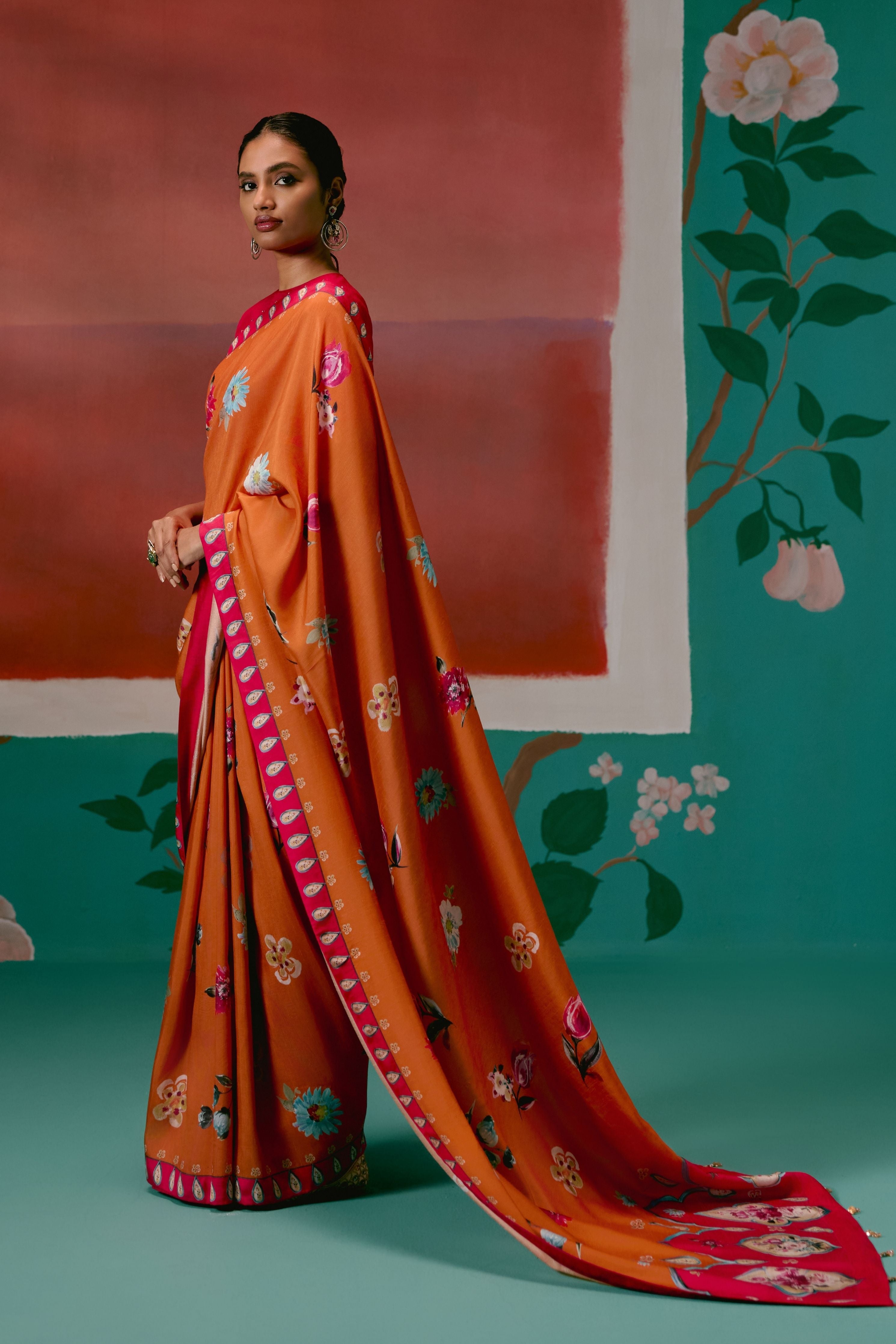 Tangerine And Fuschia Floral Saree