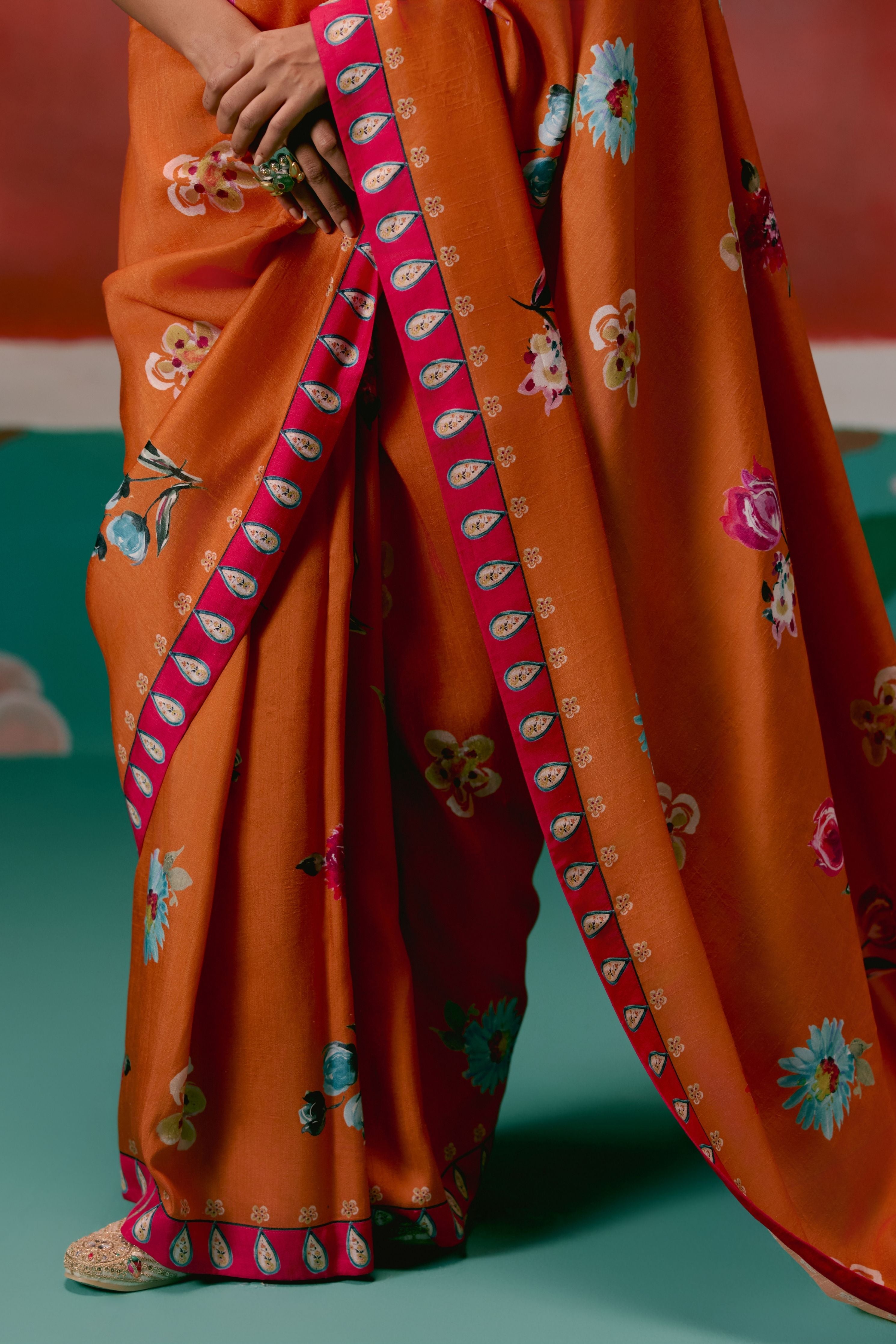 Tangerine And Fuschia Floral Saree