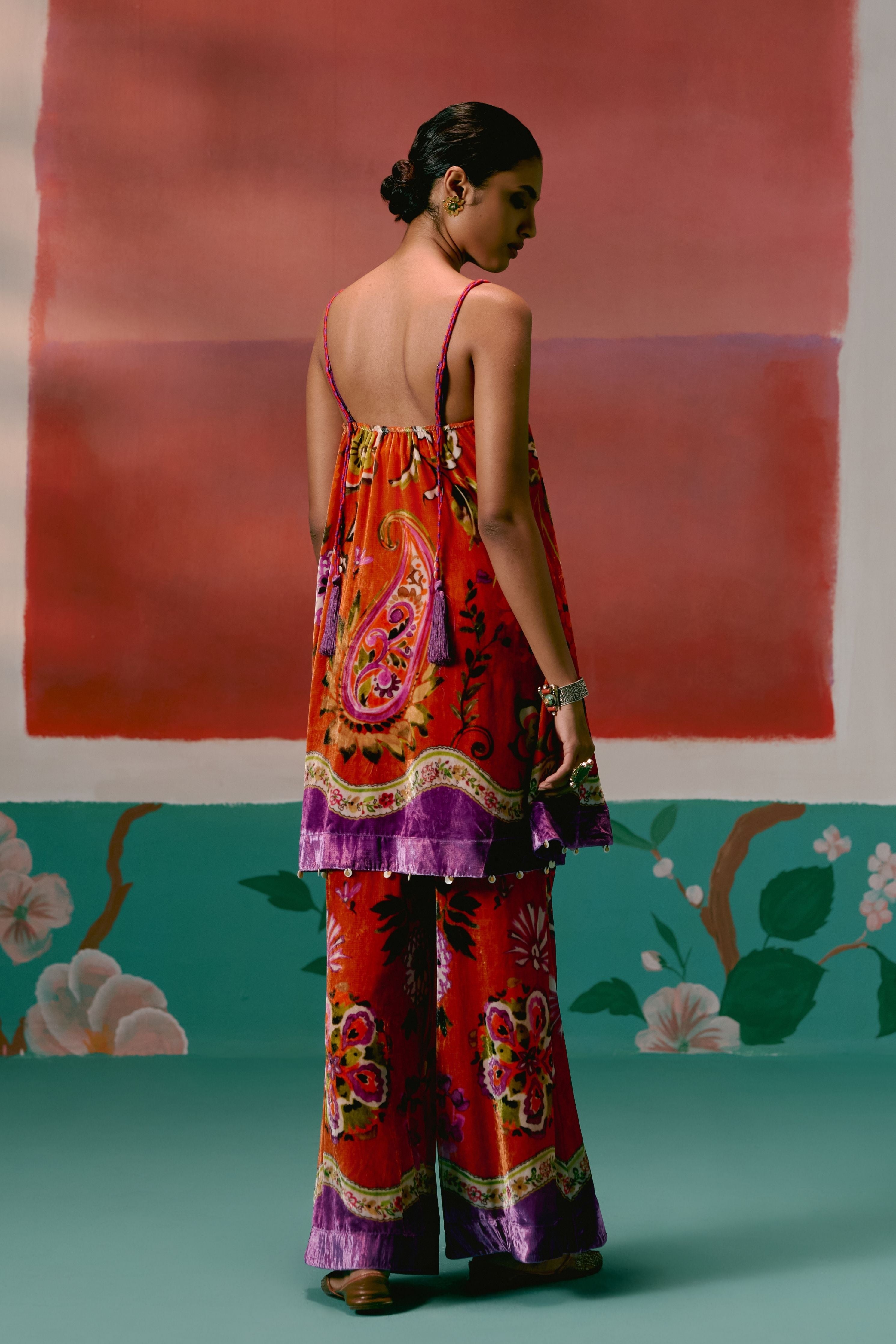 Tangerine And Purple Floral Kurta Set With Dupatta