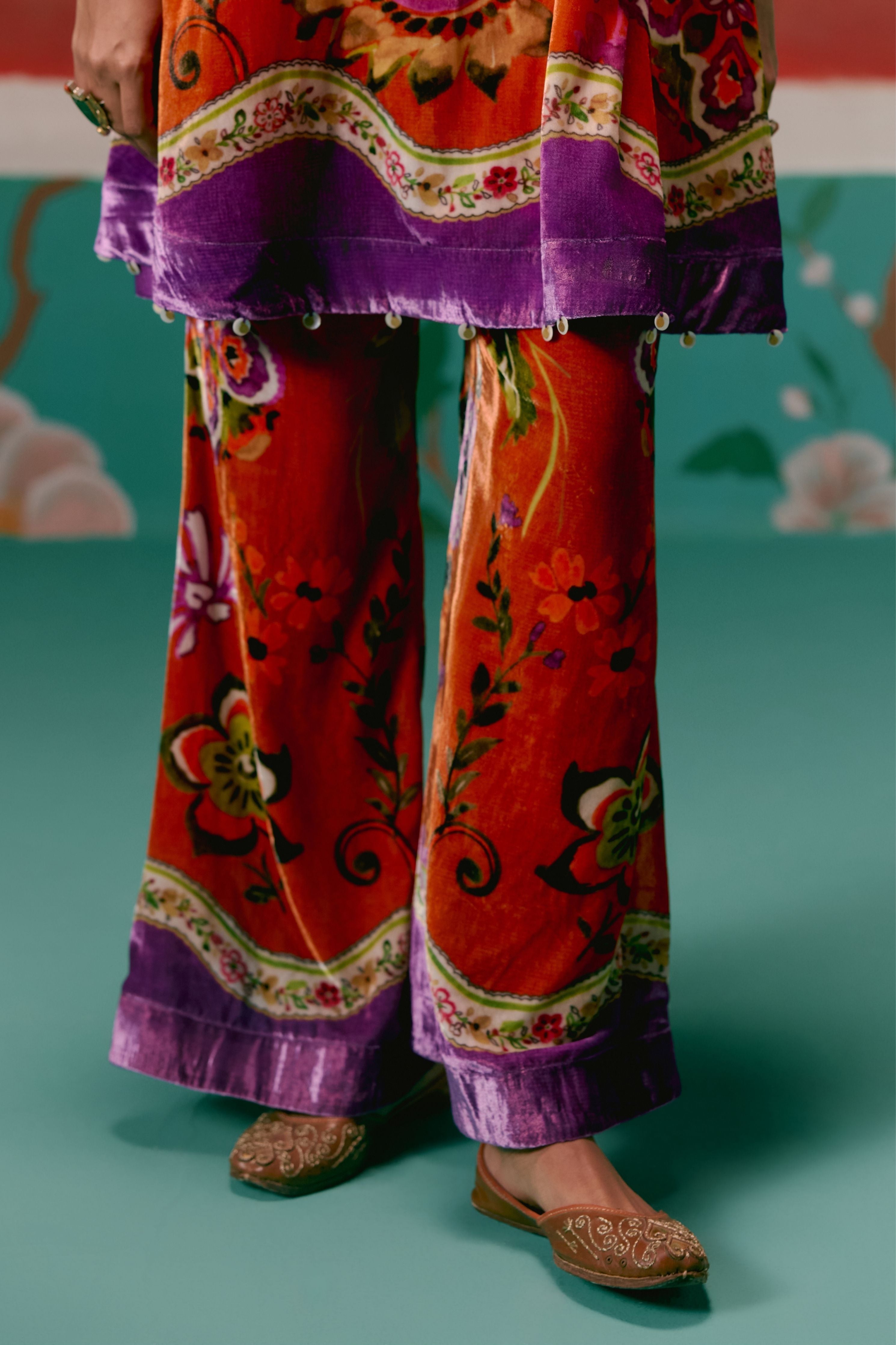 Tangerine And Purple Floral Kurta Set With Dupatta