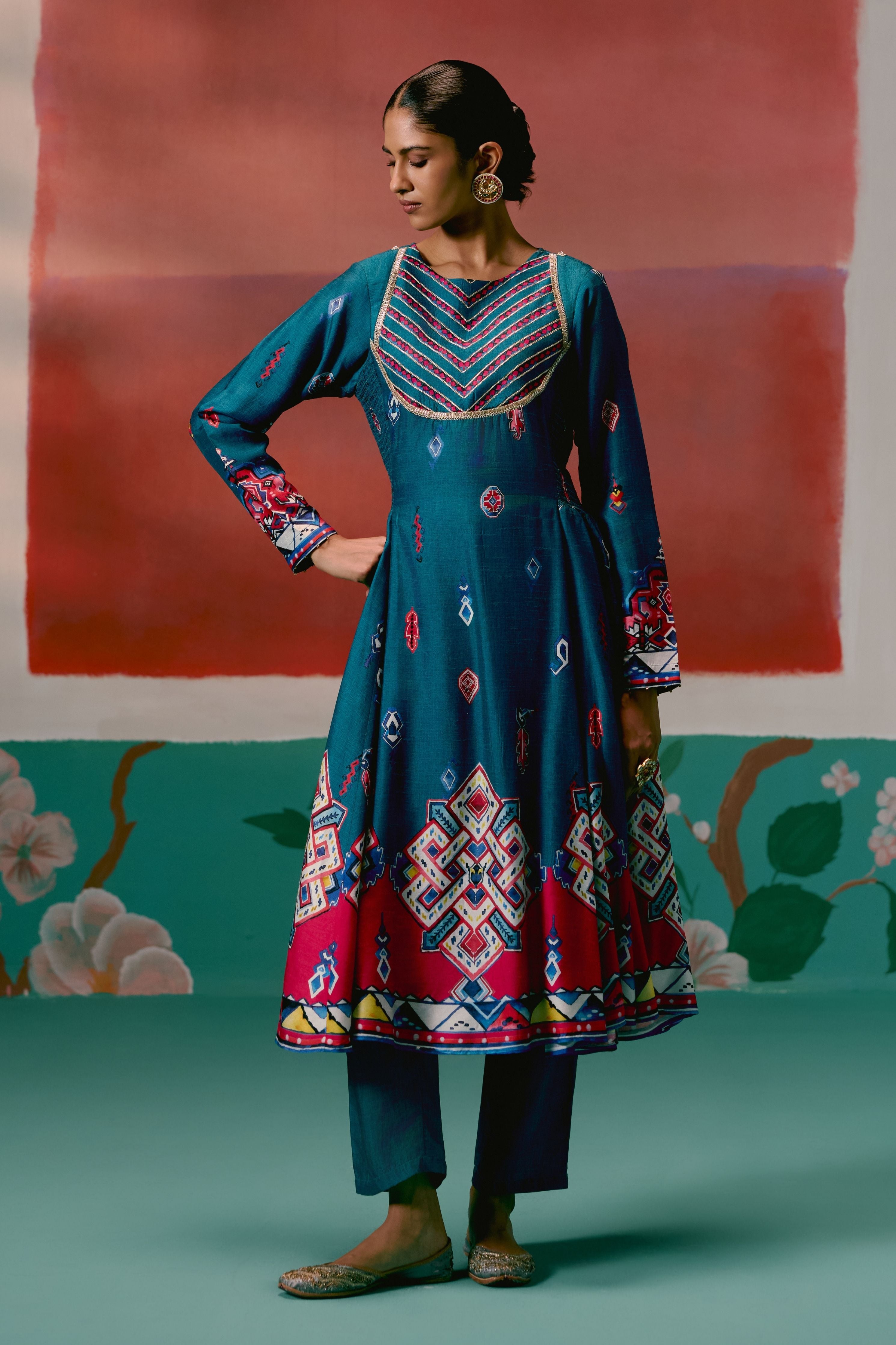Teal Aztec Anarkali Set