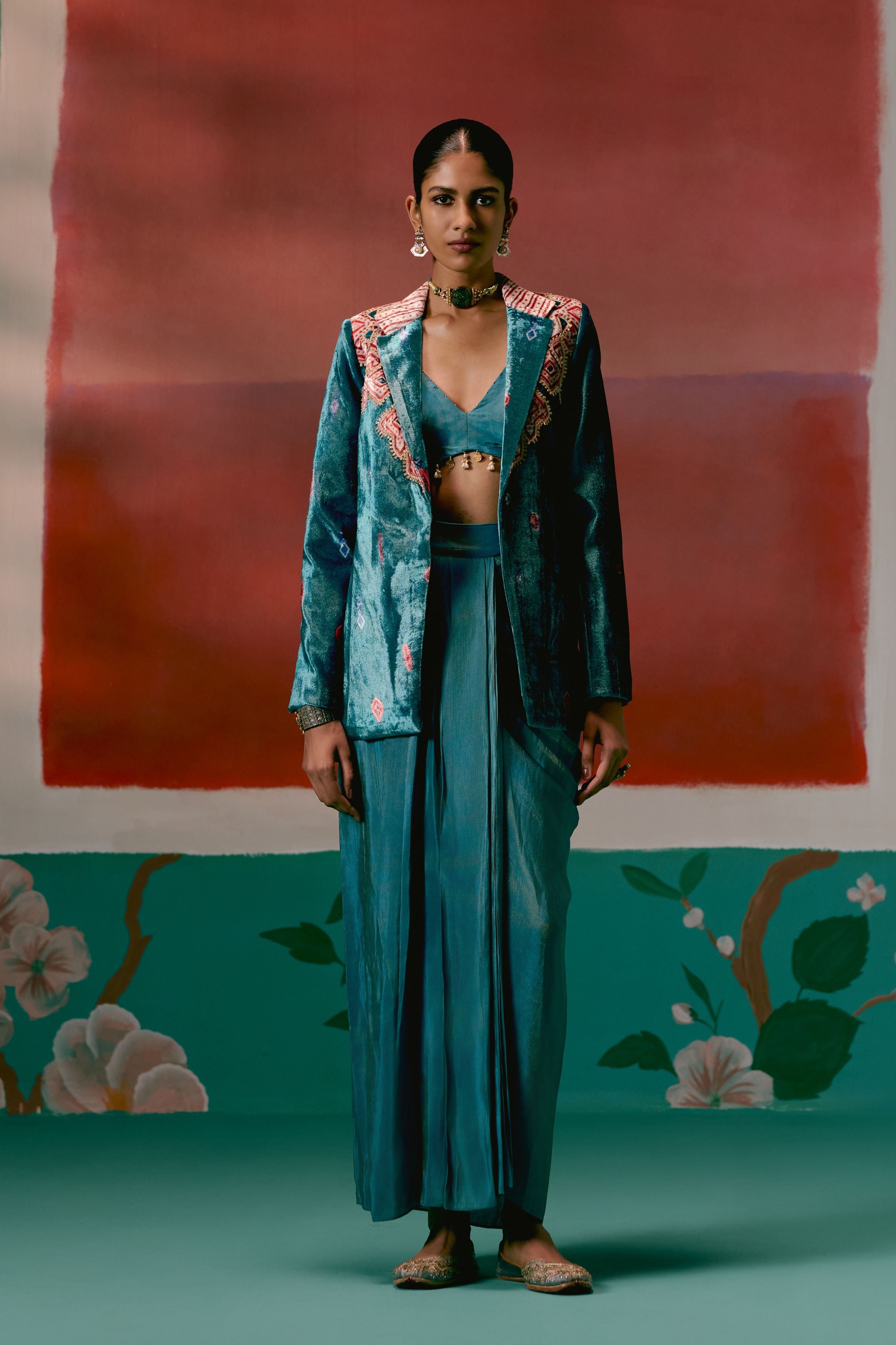 Teal Aztec Blazer Dhoti Set