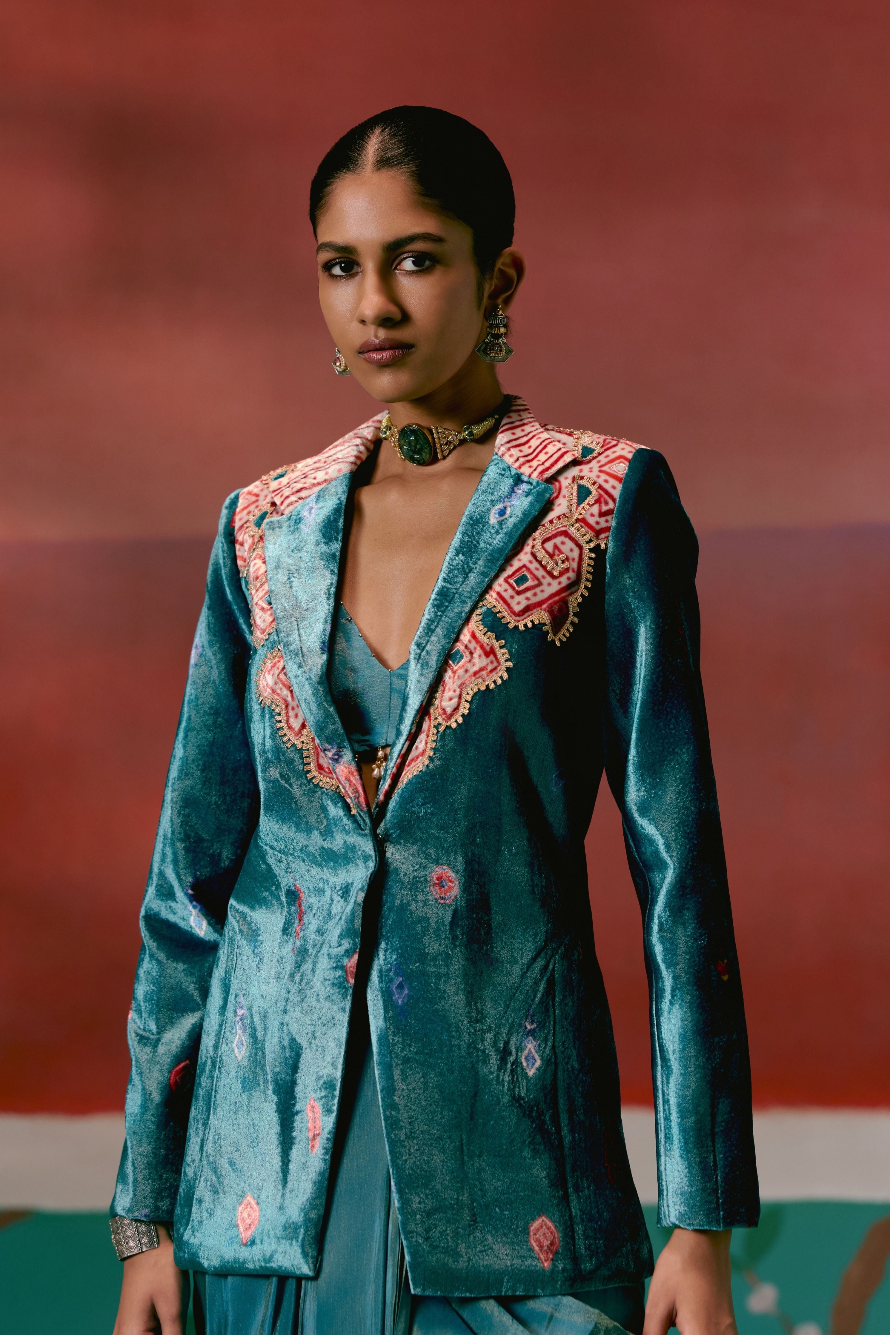 Teal Aztec Blazer Dhoti Set