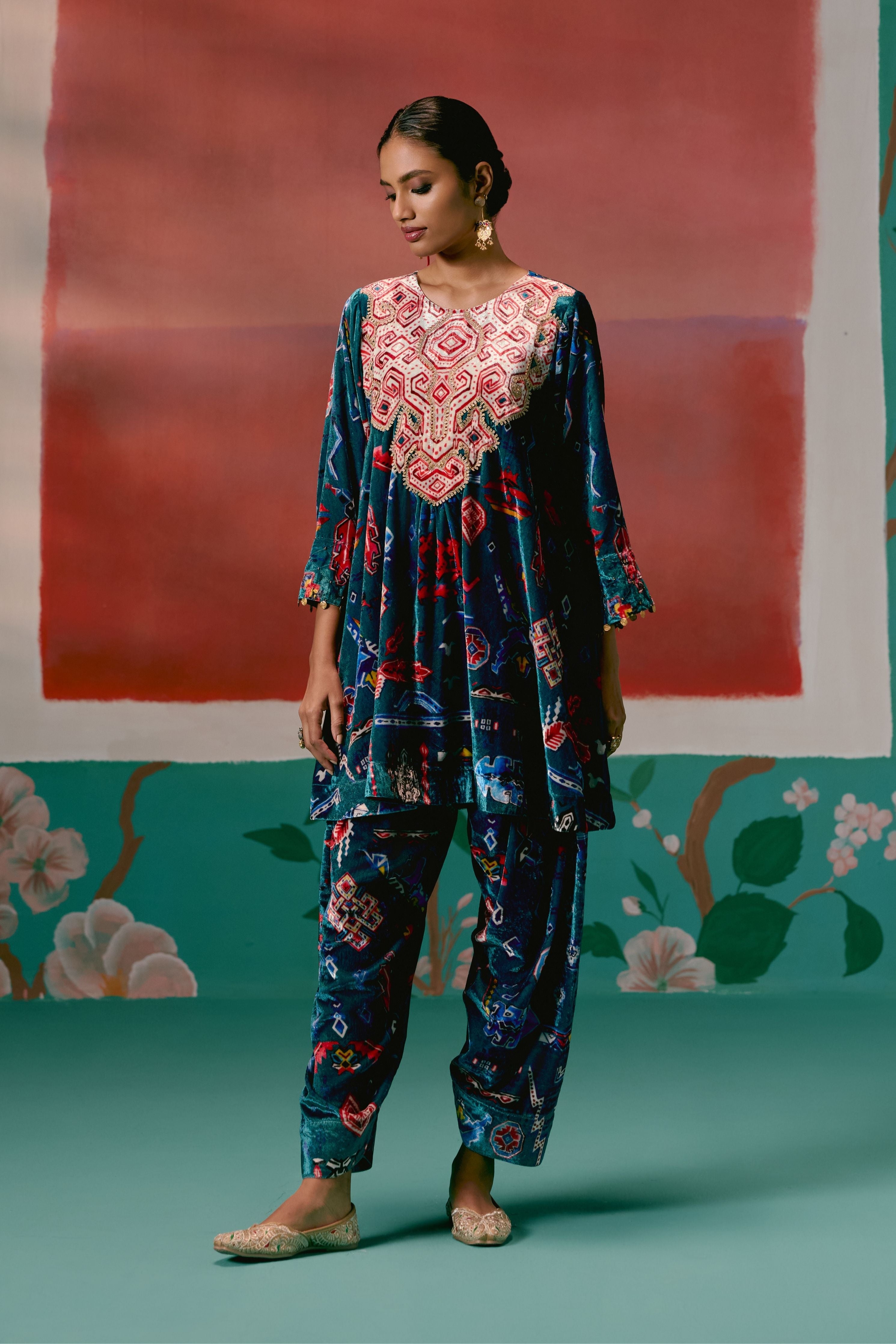 Teal Aztec Velvet Kurta Set