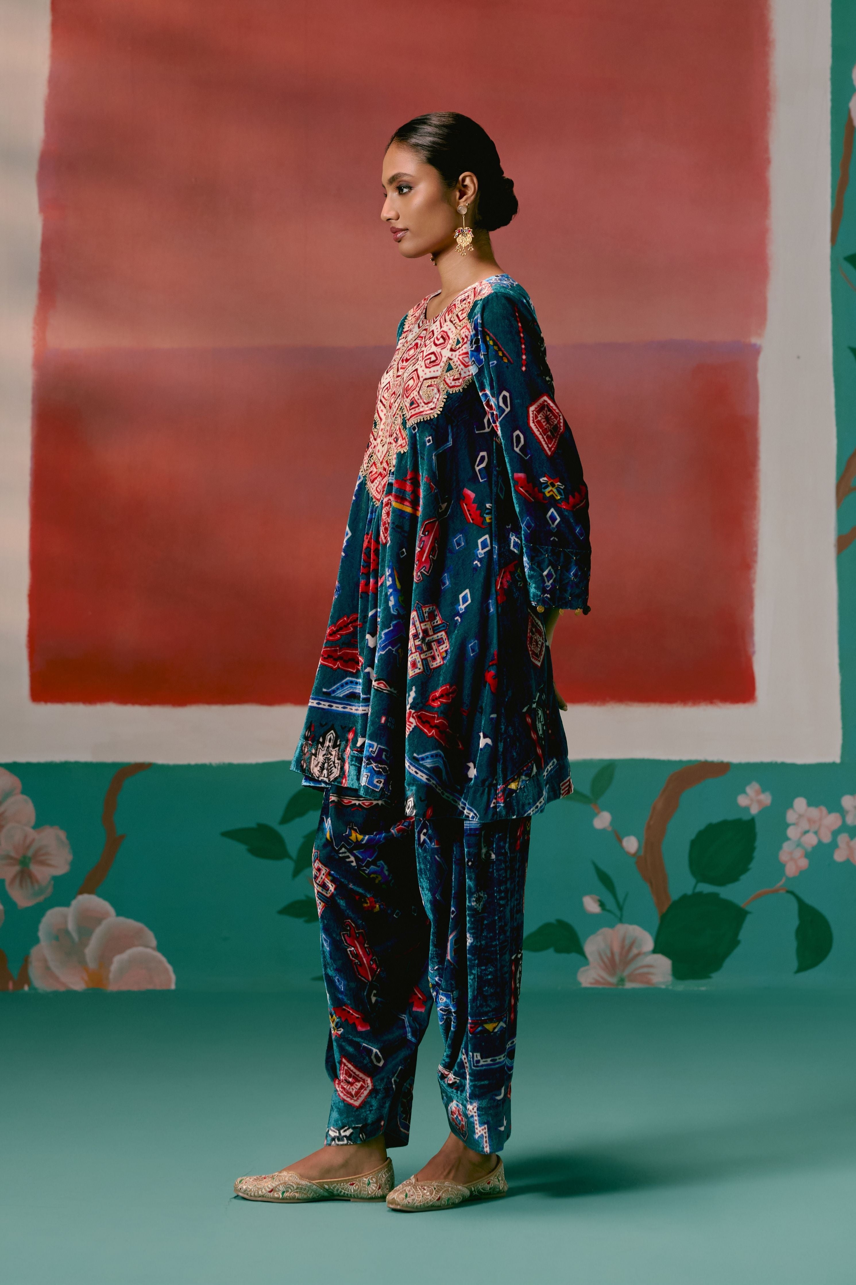Teal Aztec Velvet Kurta Set