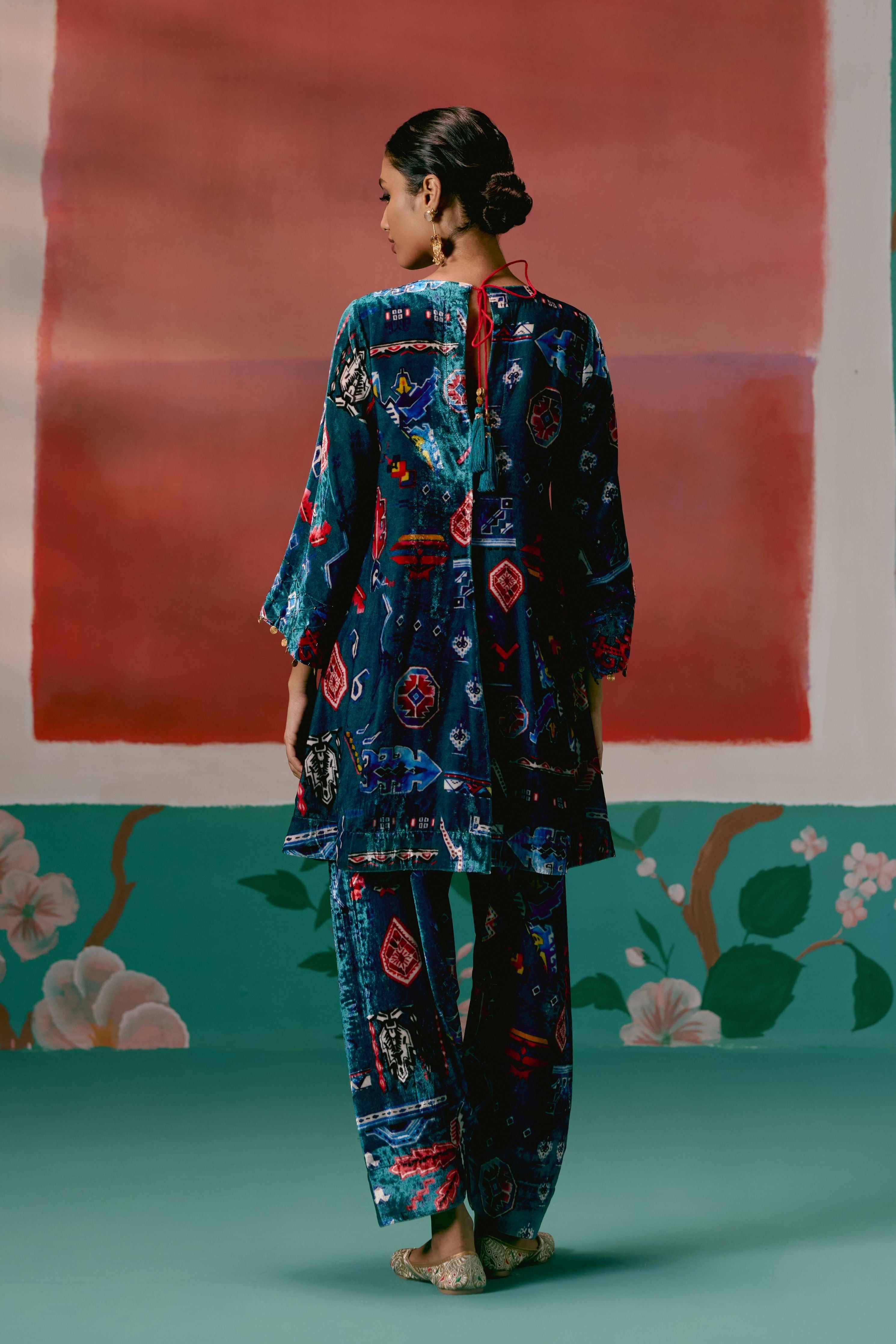 Teal Aztec Velvet Kurta Set