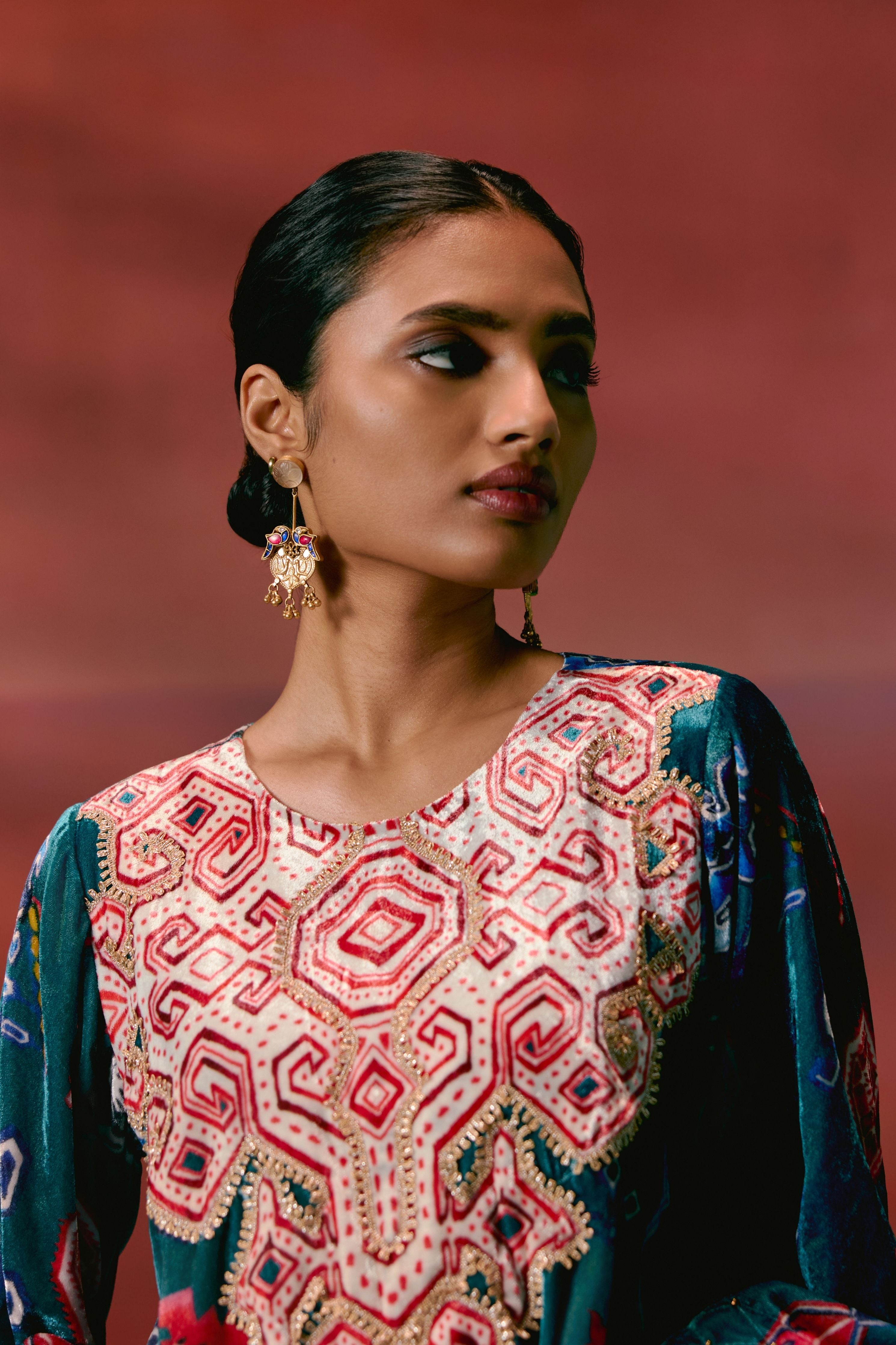 Teal Aztec Velvet Kurta Set