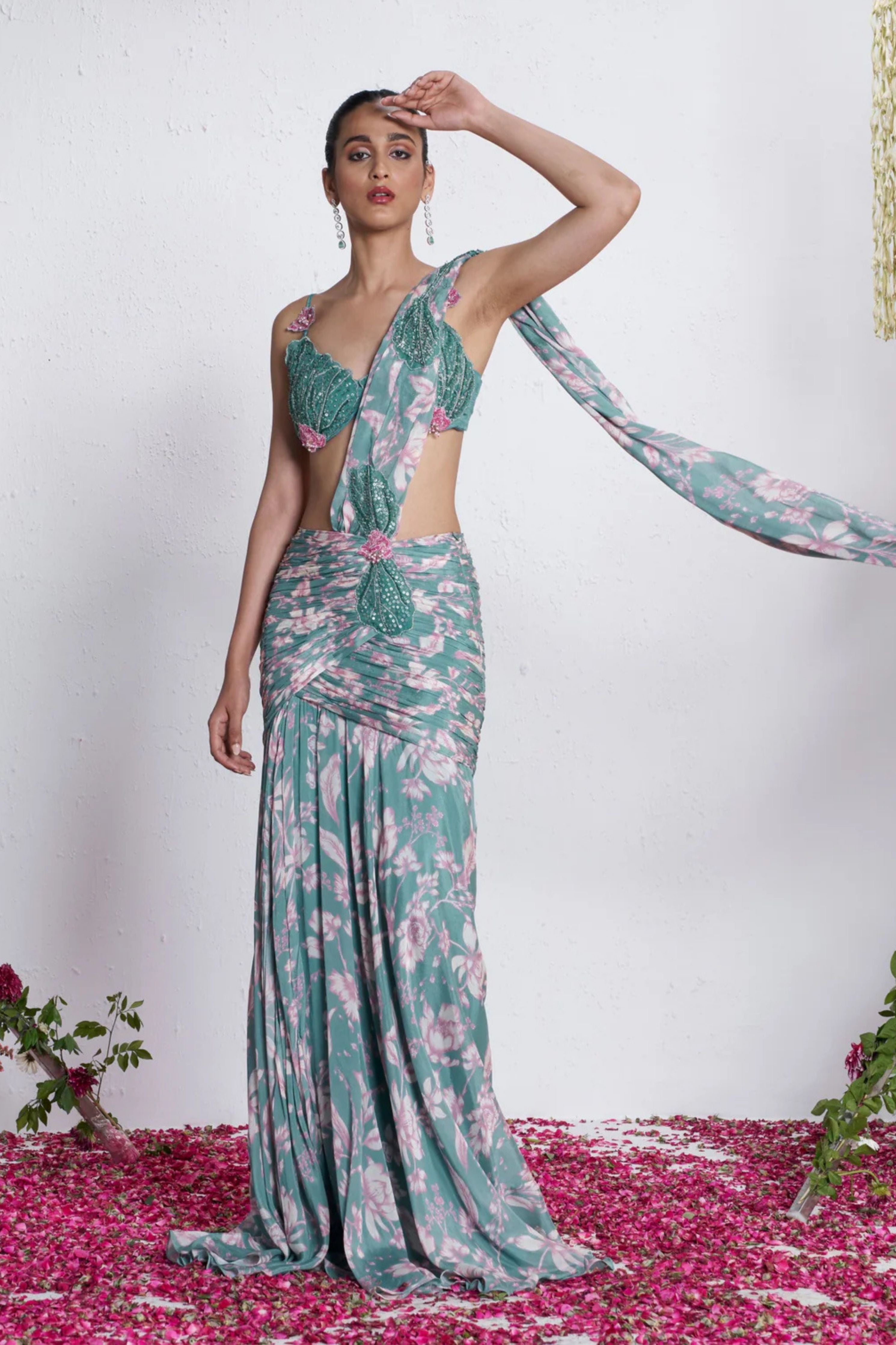 Teal Draped Saree Gown