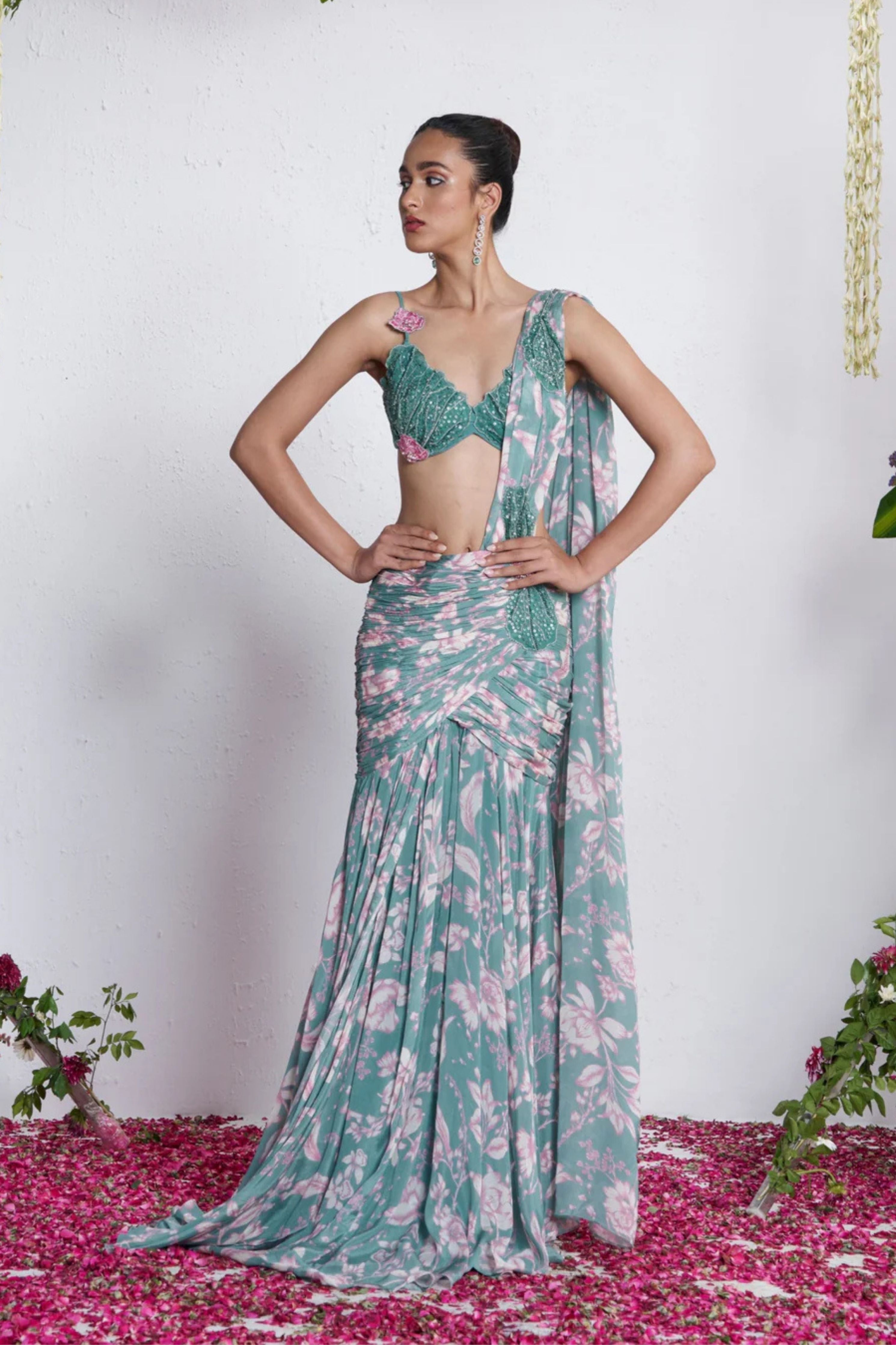 Teal Draped Saree Gown