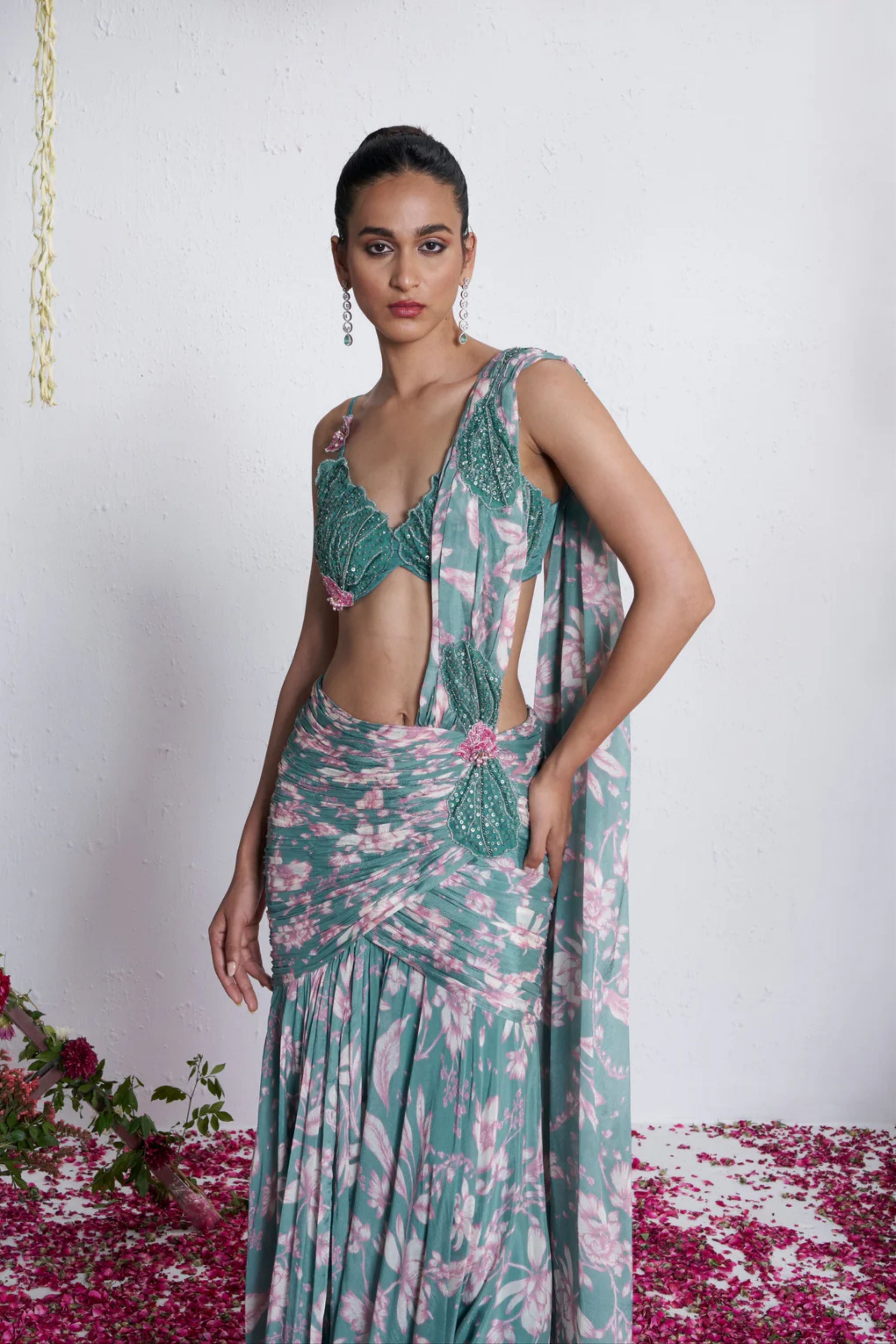 Teal Draped Saree Gown