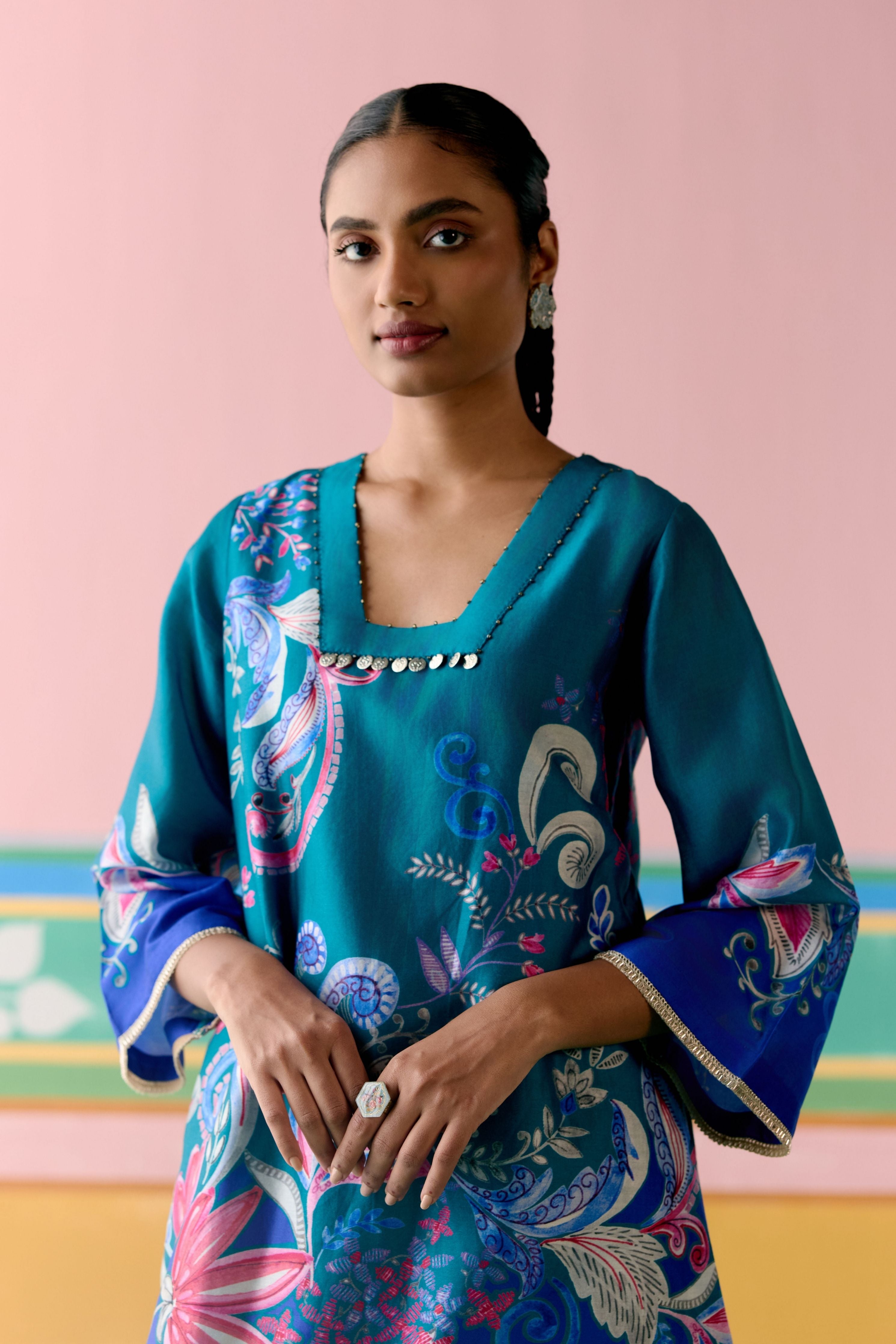 Teal Paisley Square Neck Kurta Set