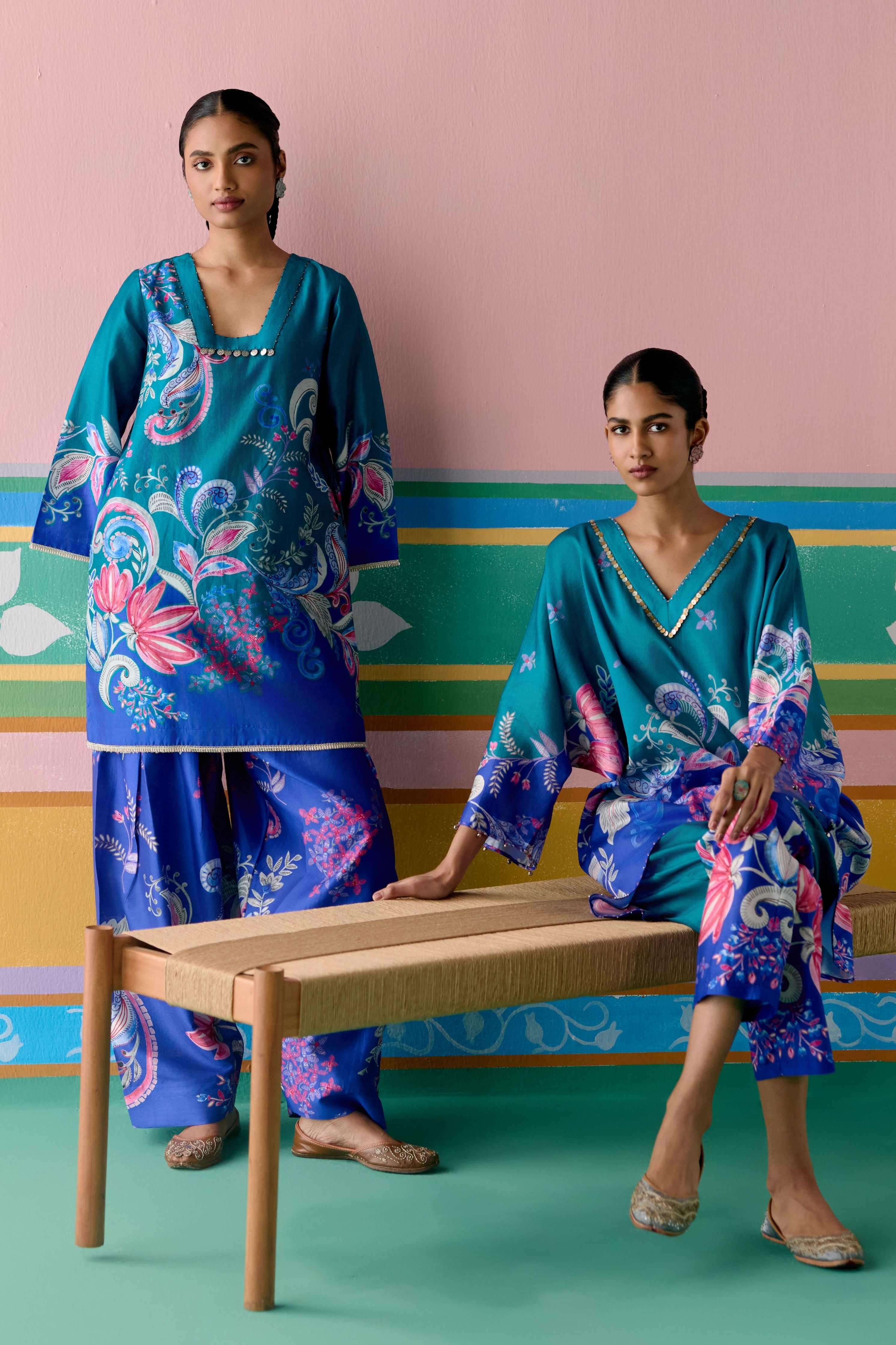 Teal Paisley Square Neck Kurta Set