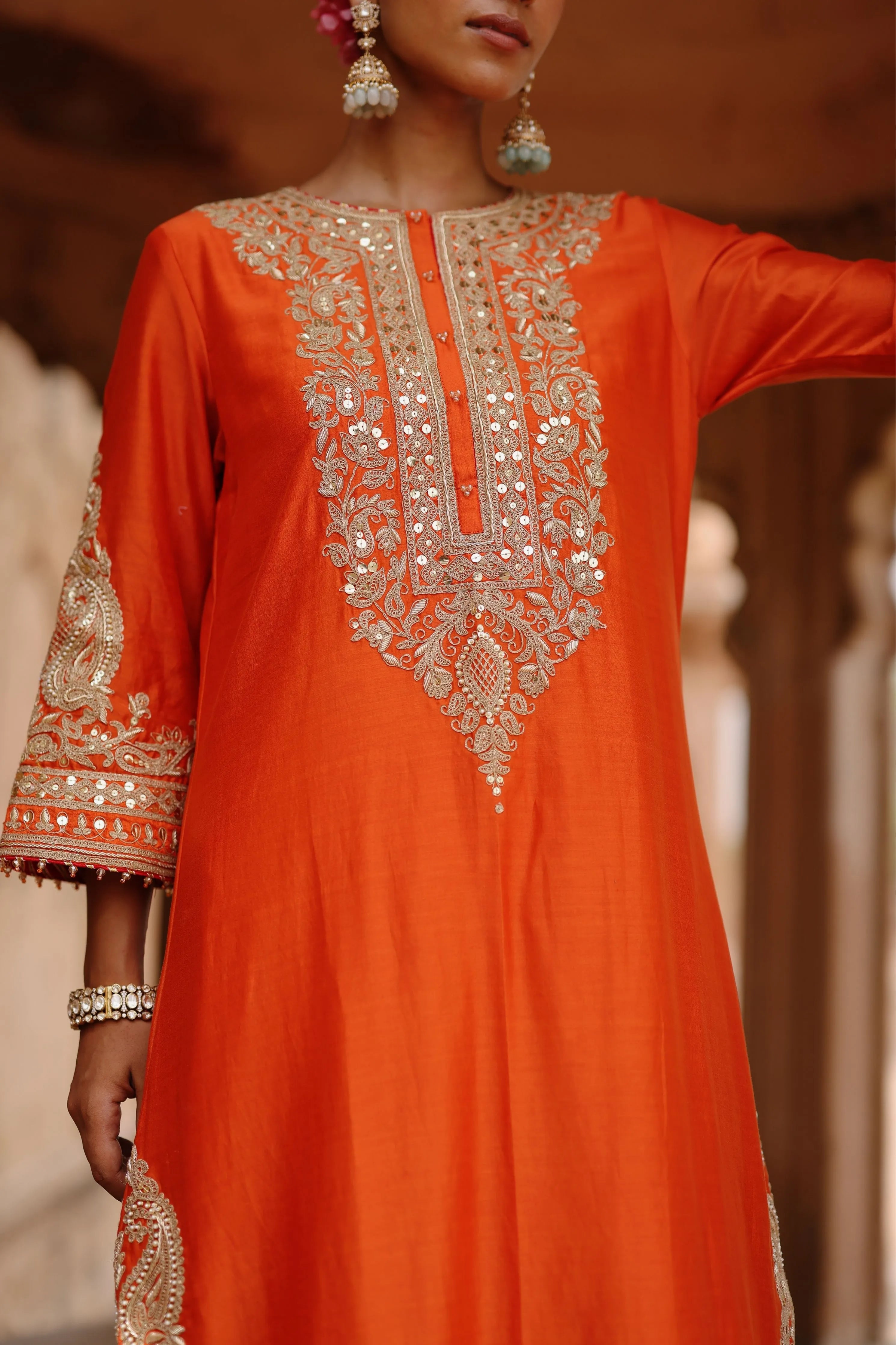 Umaira  Burnt Orange Long Kurta Set with Salwar & Dupatta