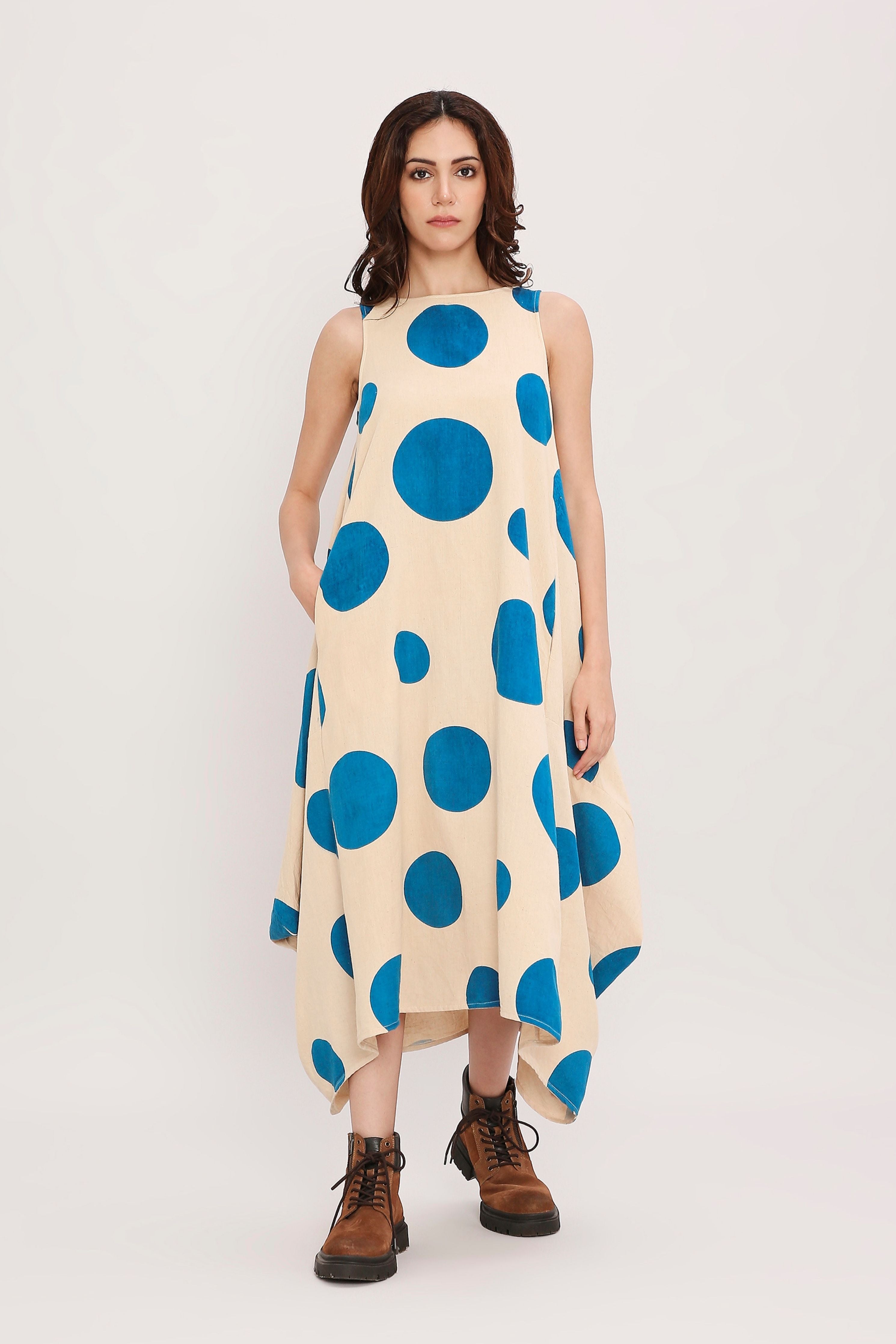Blue Hand Block Printed Polka Vari Dress