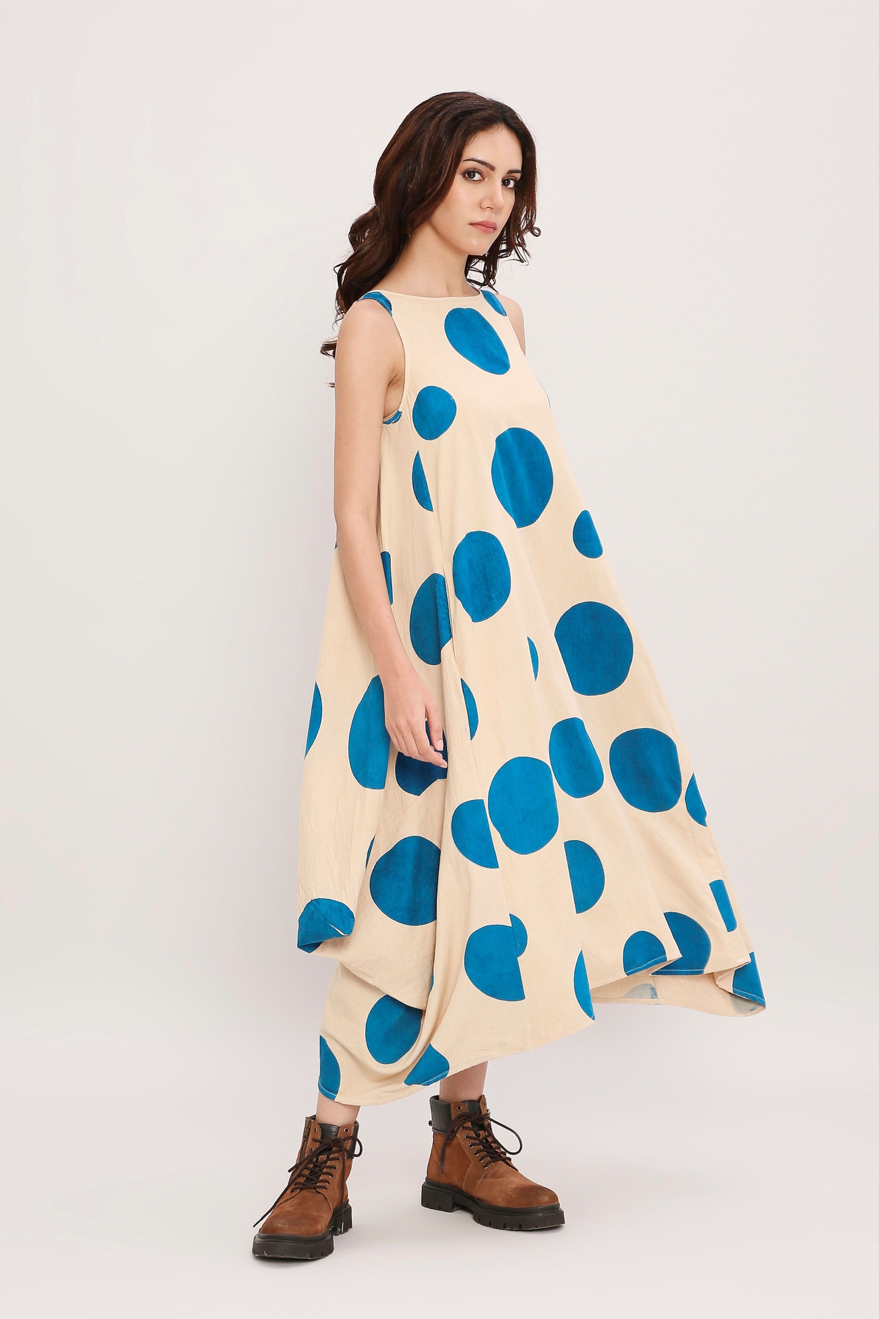 Blue Hand Block Printed Polka Vari Dress