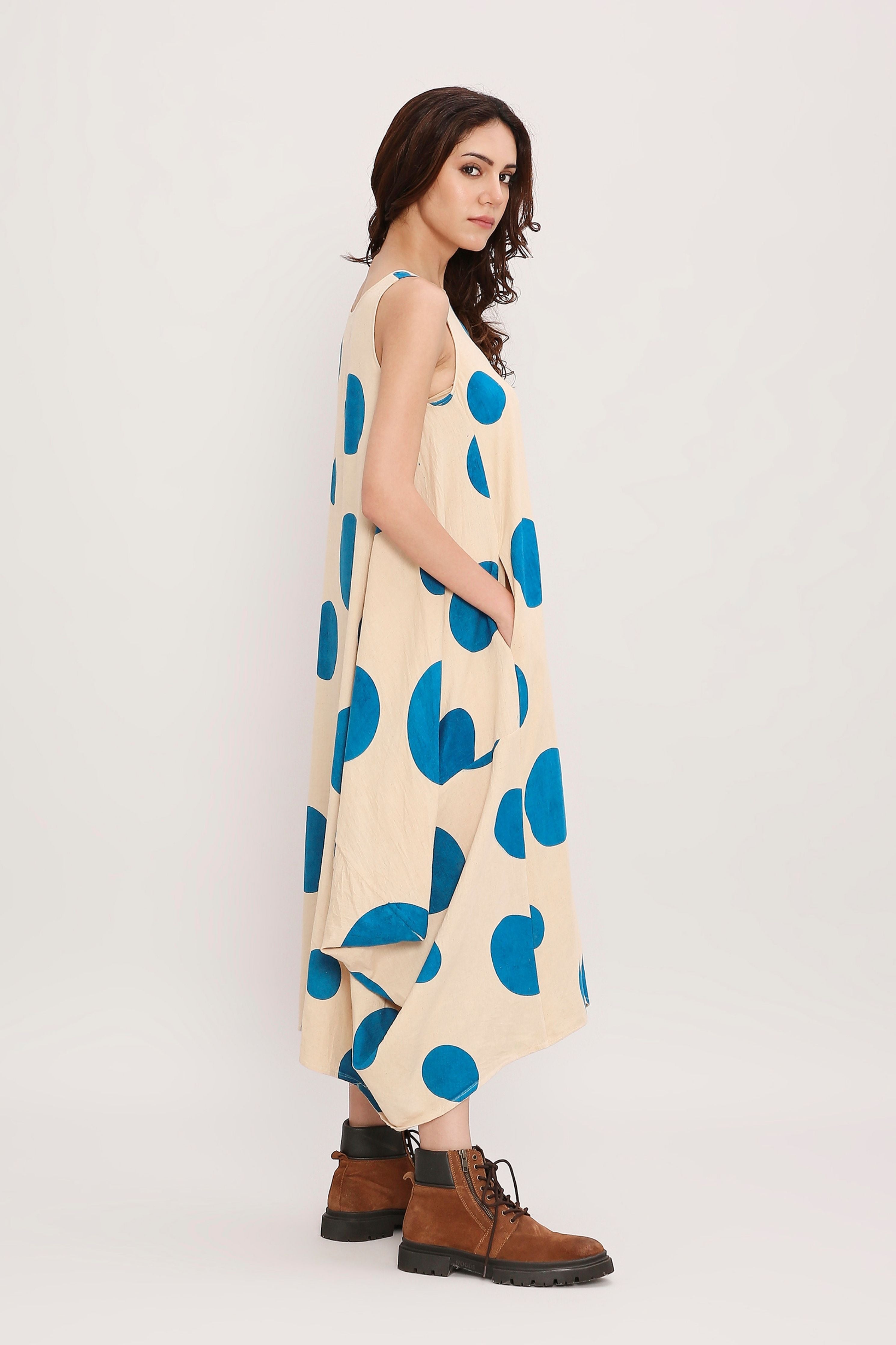Blue Hand Block Printed Polka Vari Dress