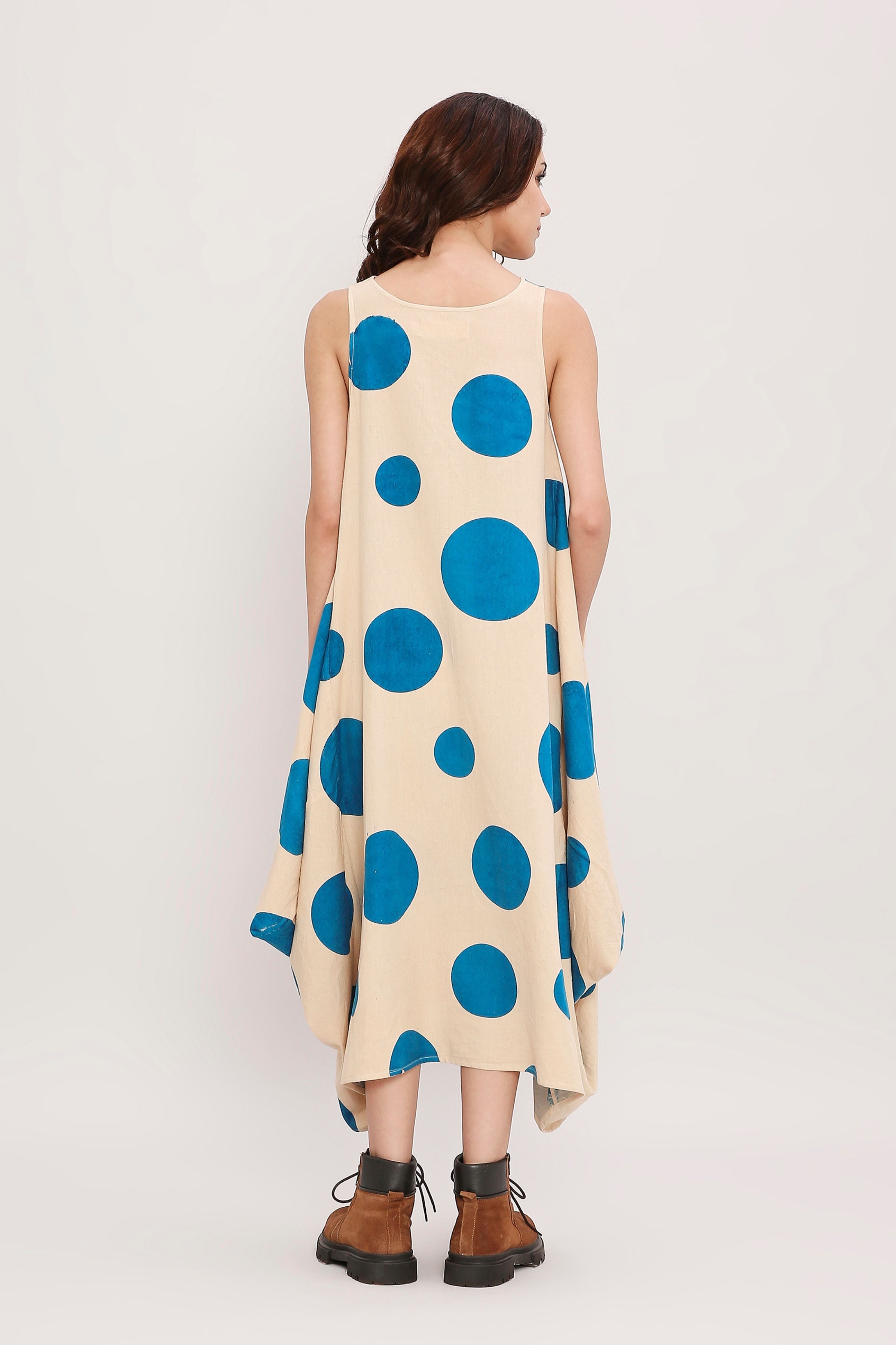 Blue Hand Block Printed Polka Vari Dress