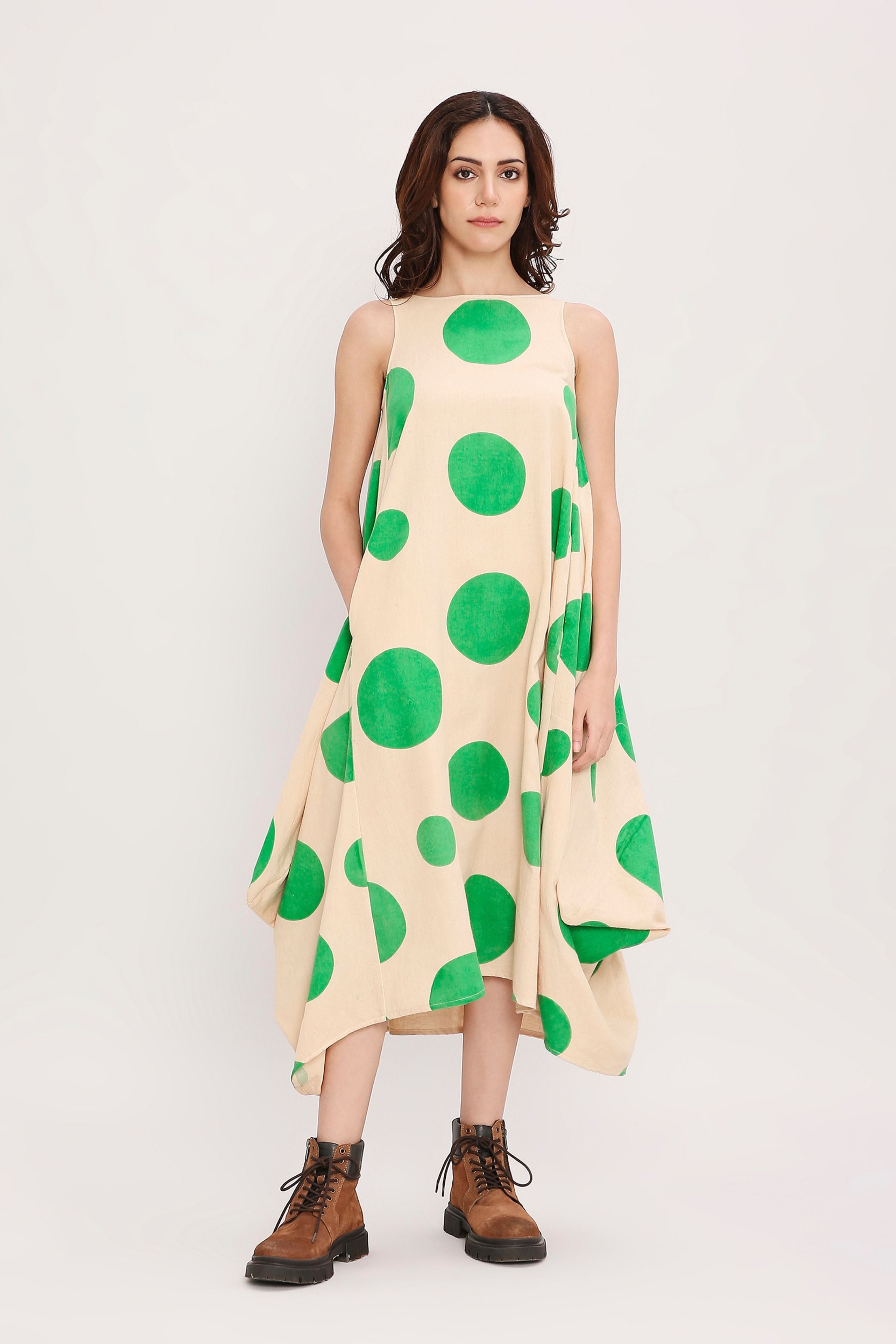 Green Hand Block Printed Polka Vari Dress