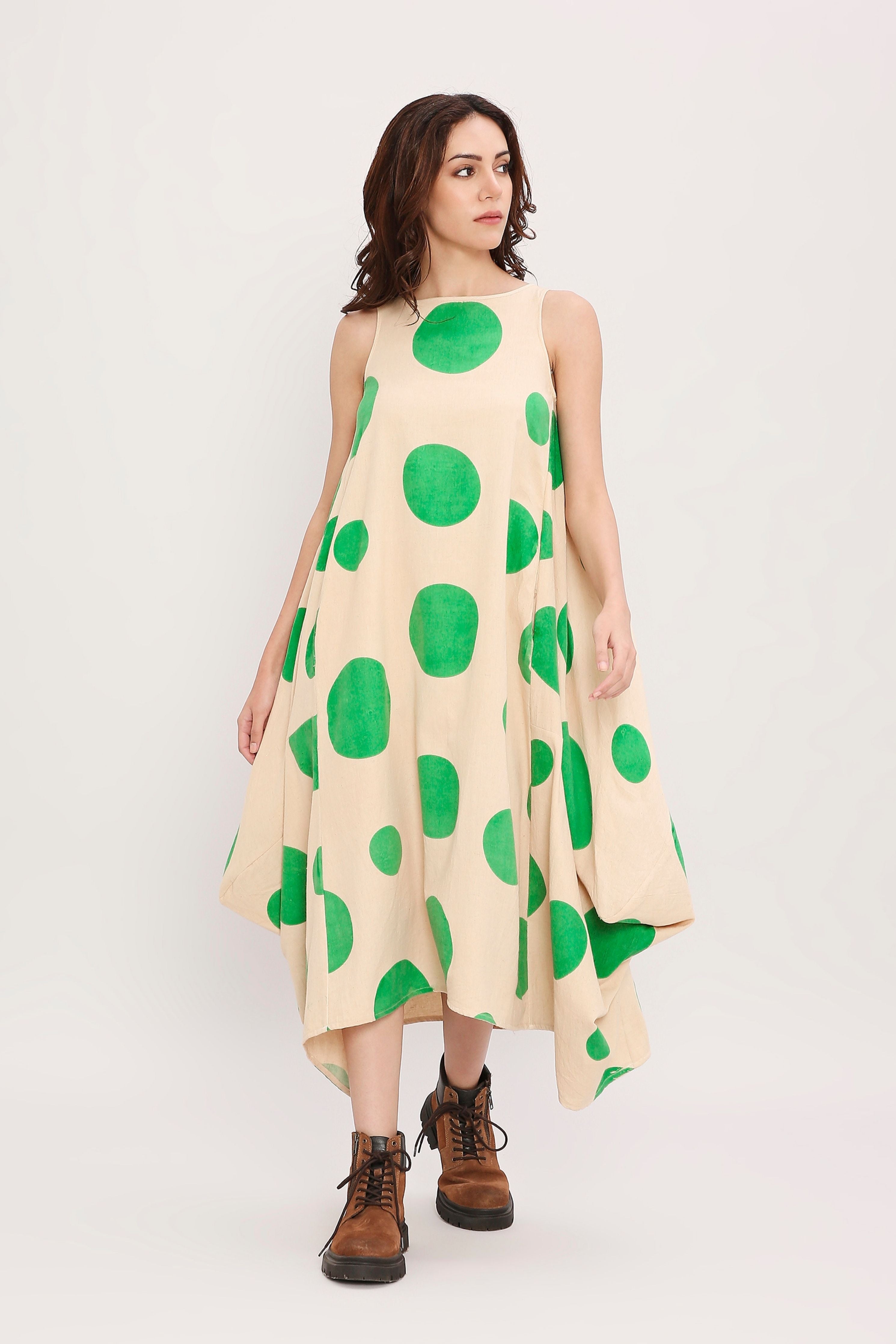 Green Hand Block Printed Polka Vari Dress
