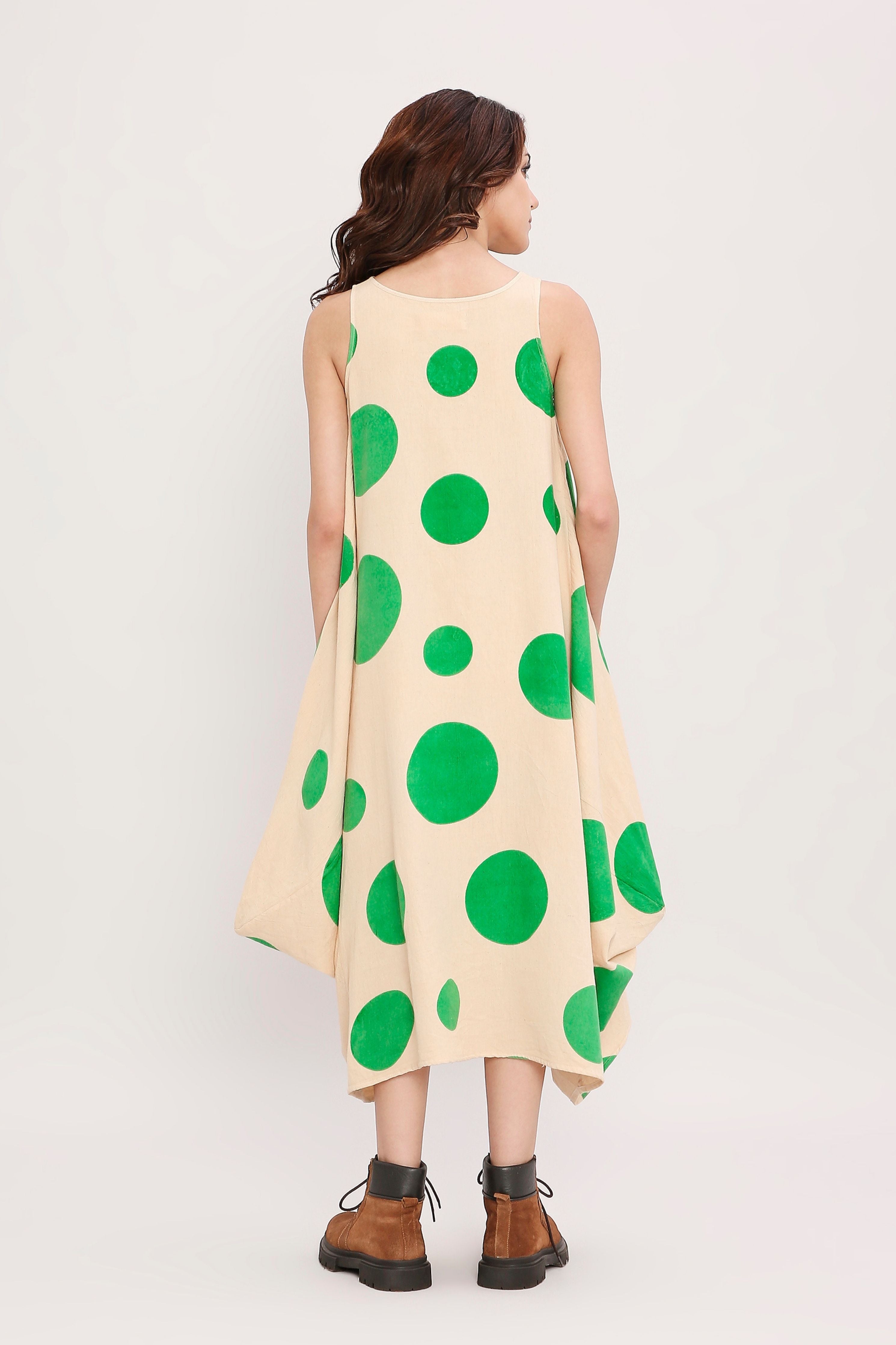 Green Hand Block Printed Polka Vari Dress