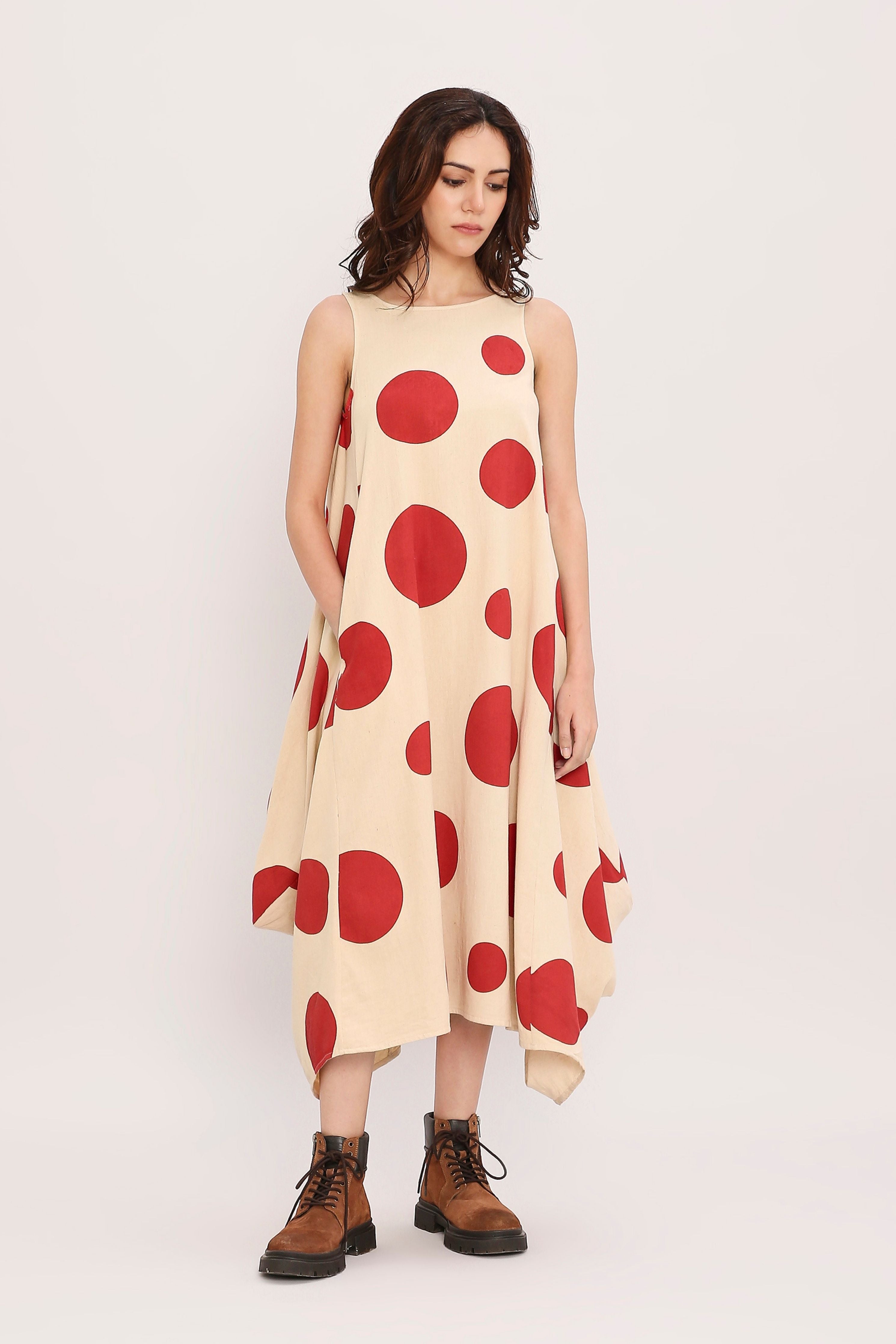 Red Hand Block Printed Polka Vari Dress