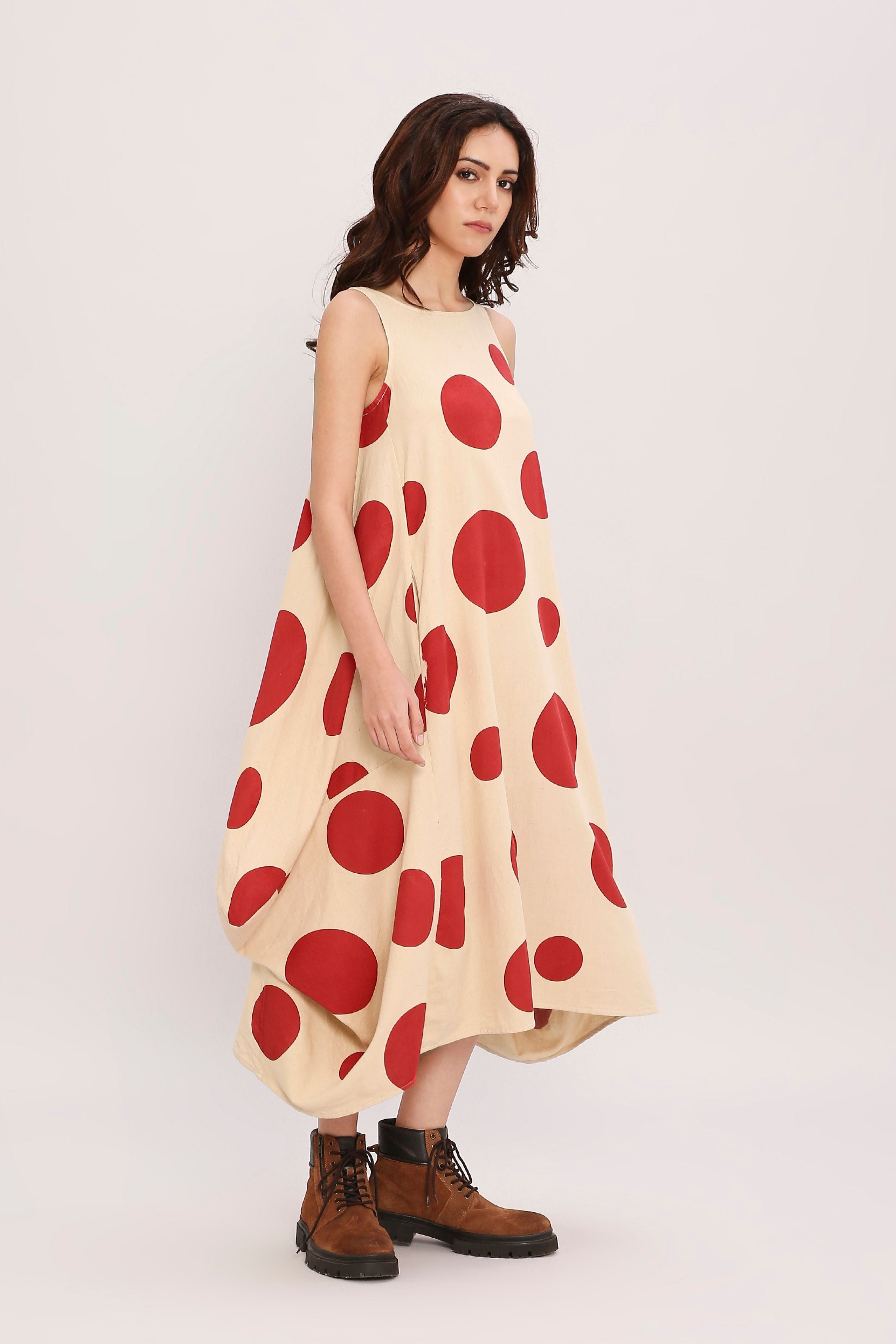 Red Hand Block Printed Polka Vari Dress