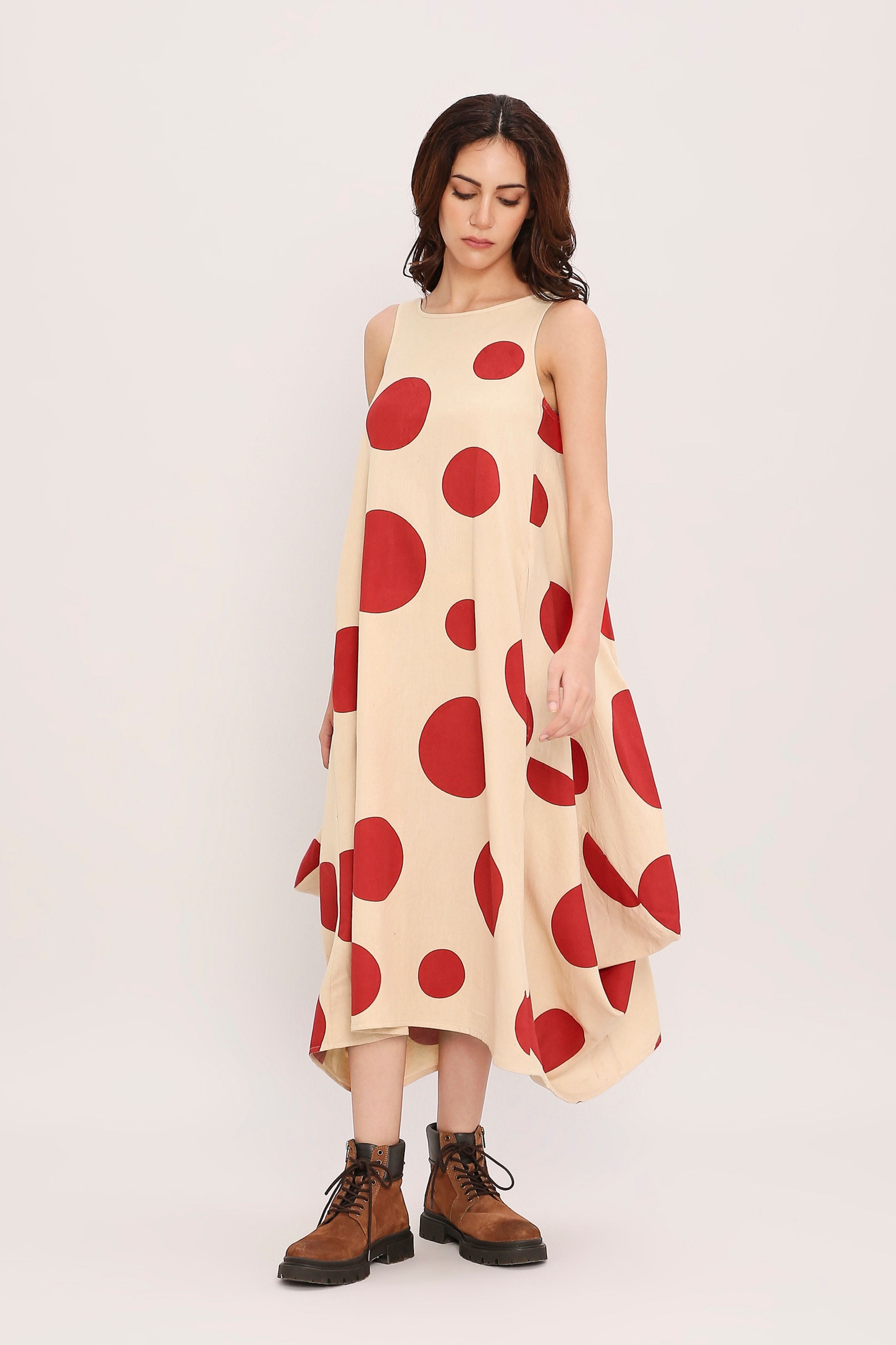 Red Hand Block Printed Polka Vari Dress