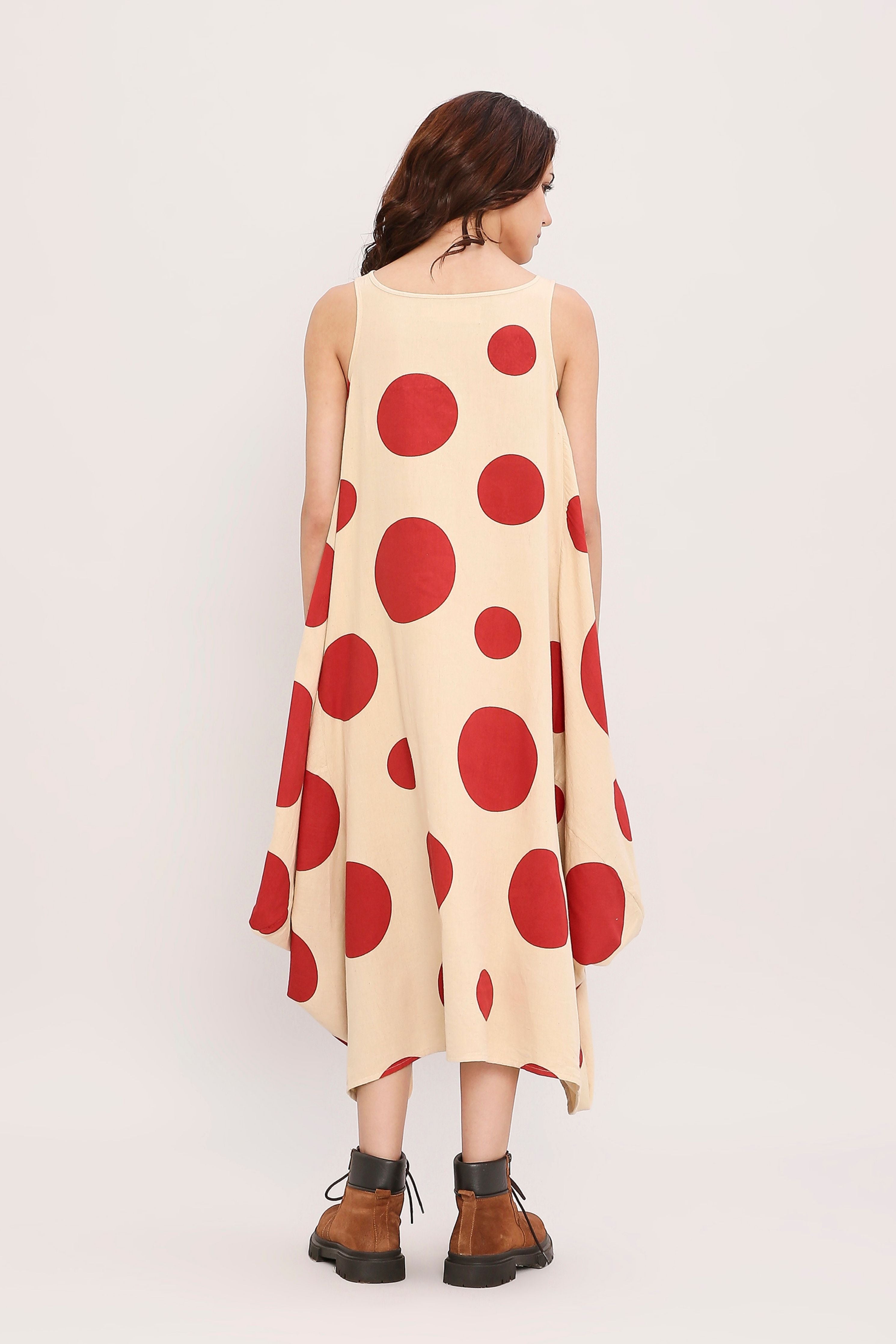 Red Hand Block Printed Polka Vari Dress