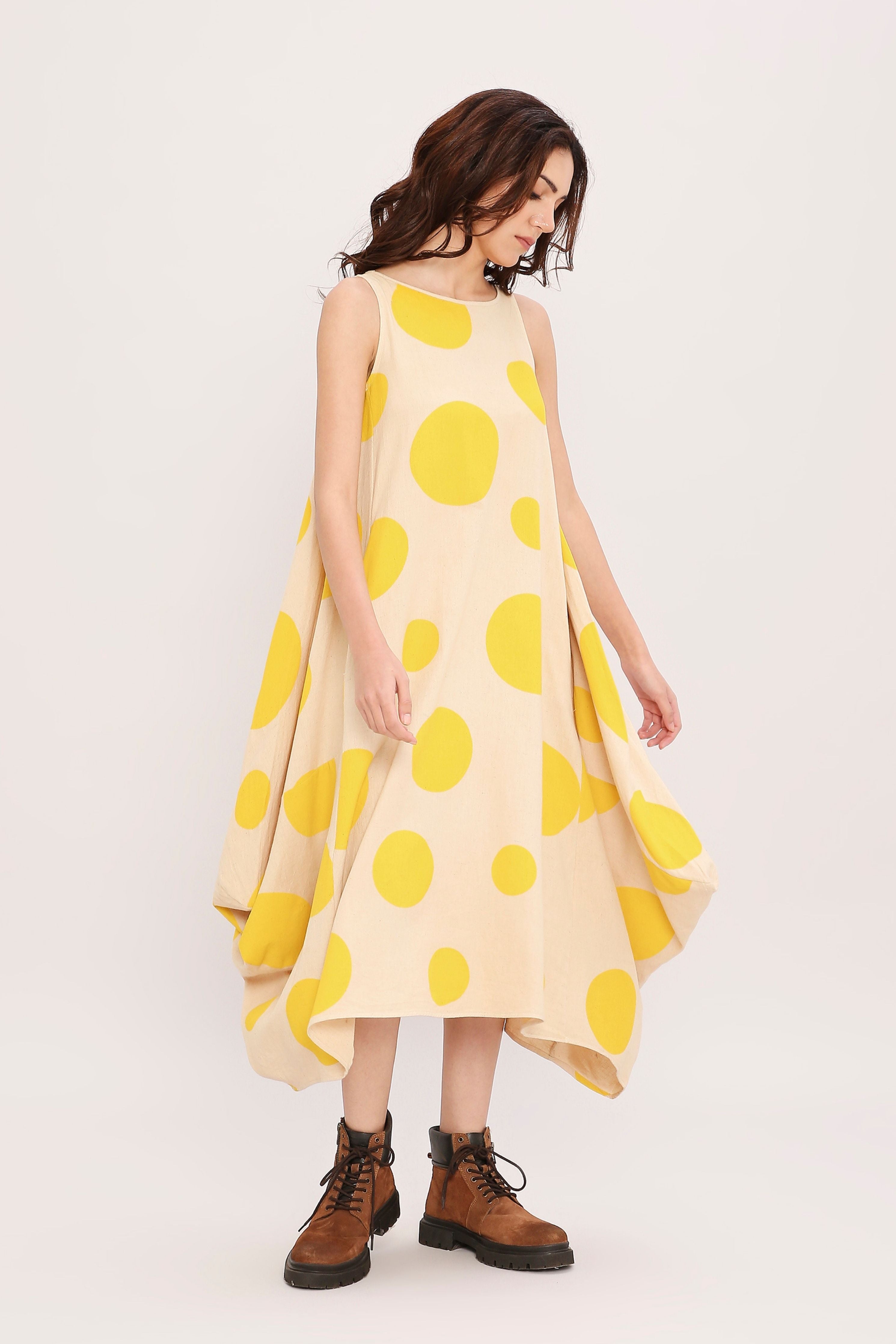 Yellow Hand Block Printed Polka Vari Dress