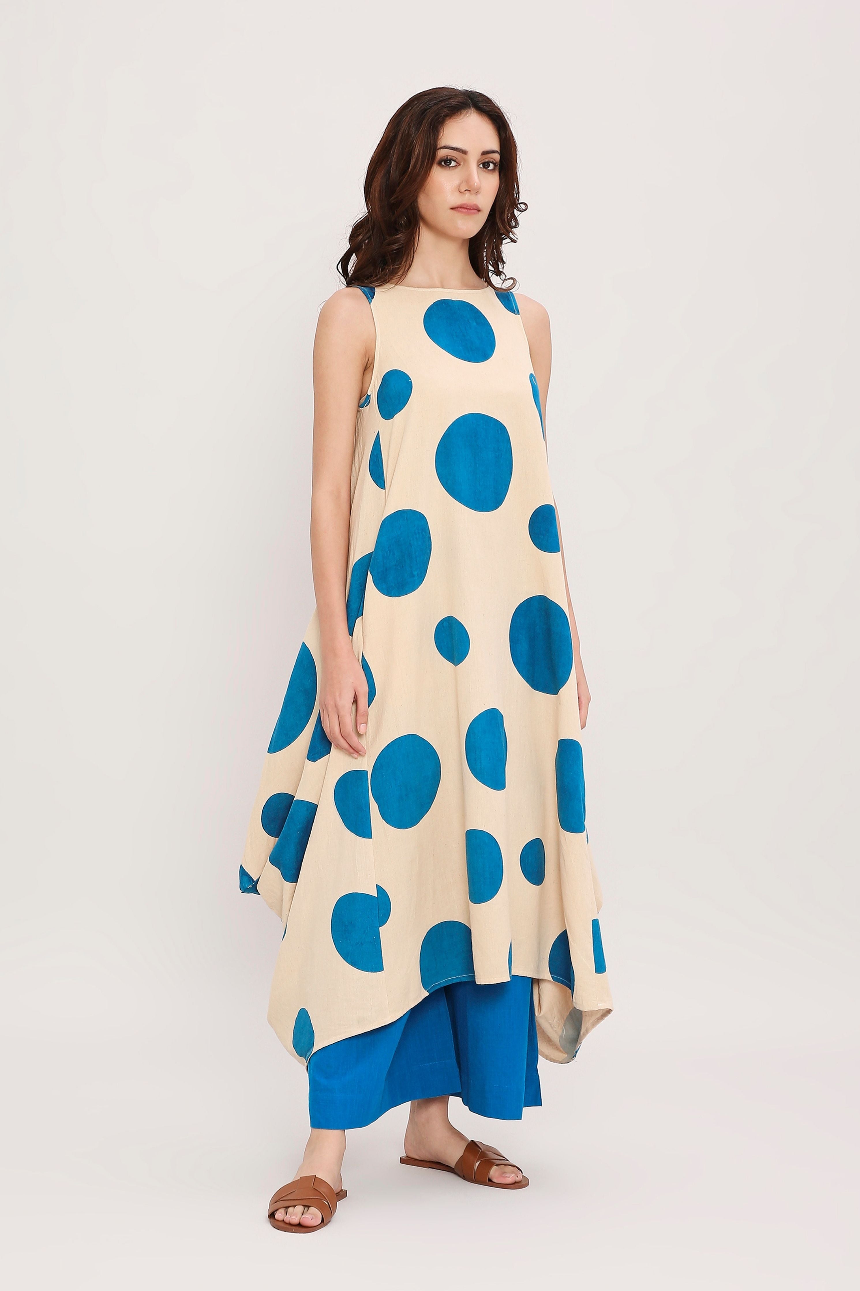 Blue Hand Block Printed Polka Vari Co-ord Set