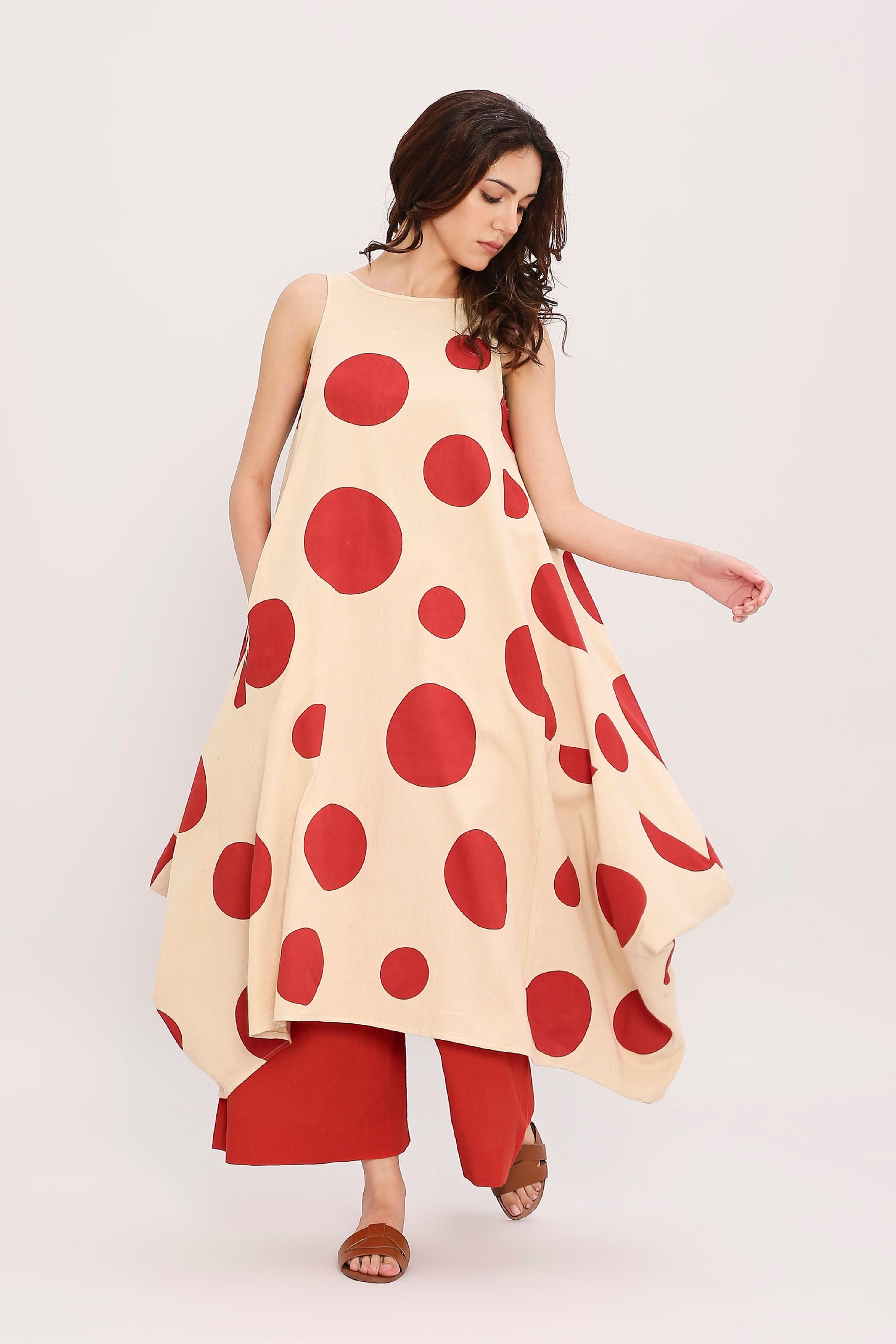 Red Hand Block Printed Polka Vari Co-ord Set