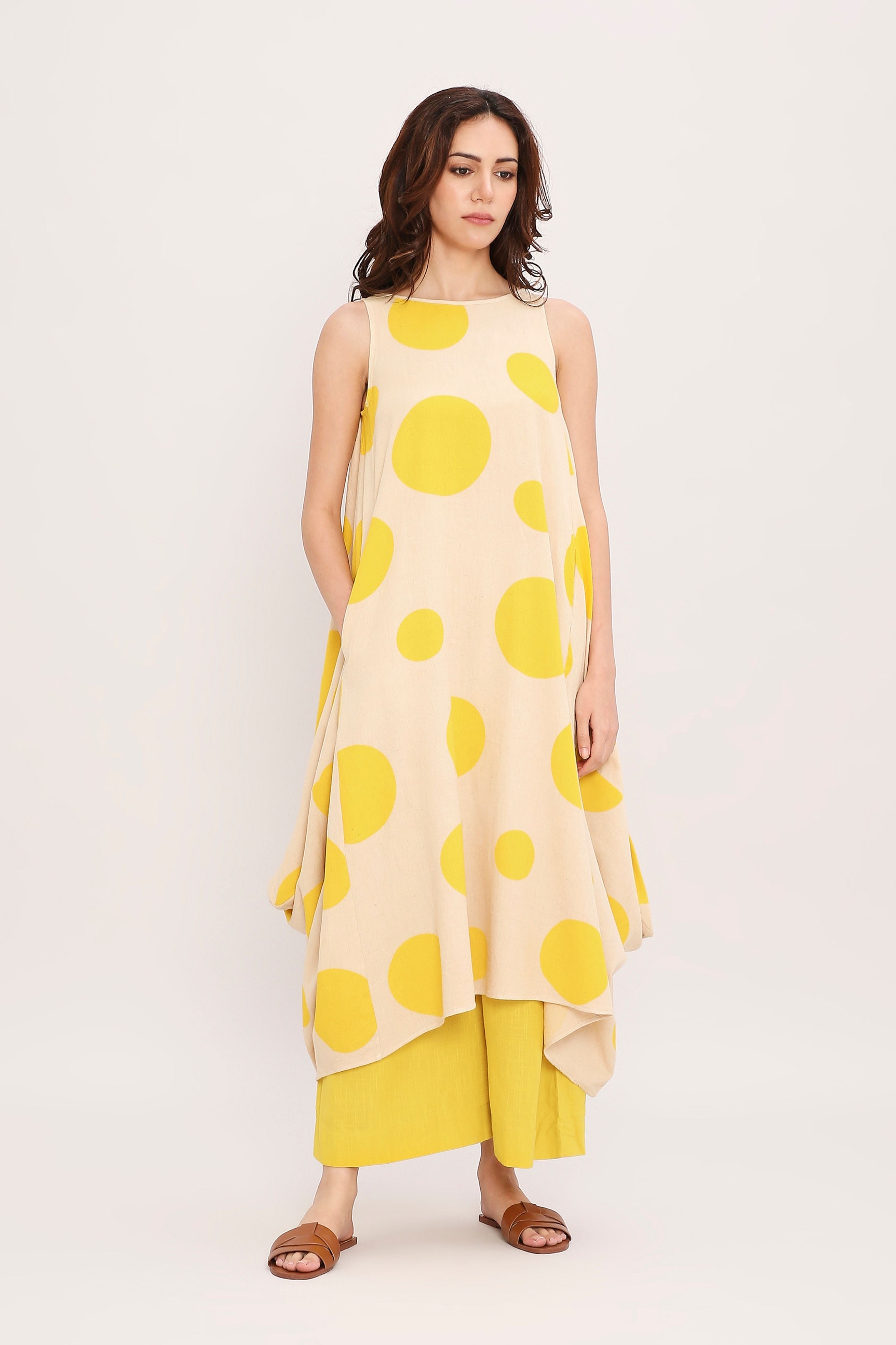 Yellow Hand Block Printed Polka Vari Co-ord Set
