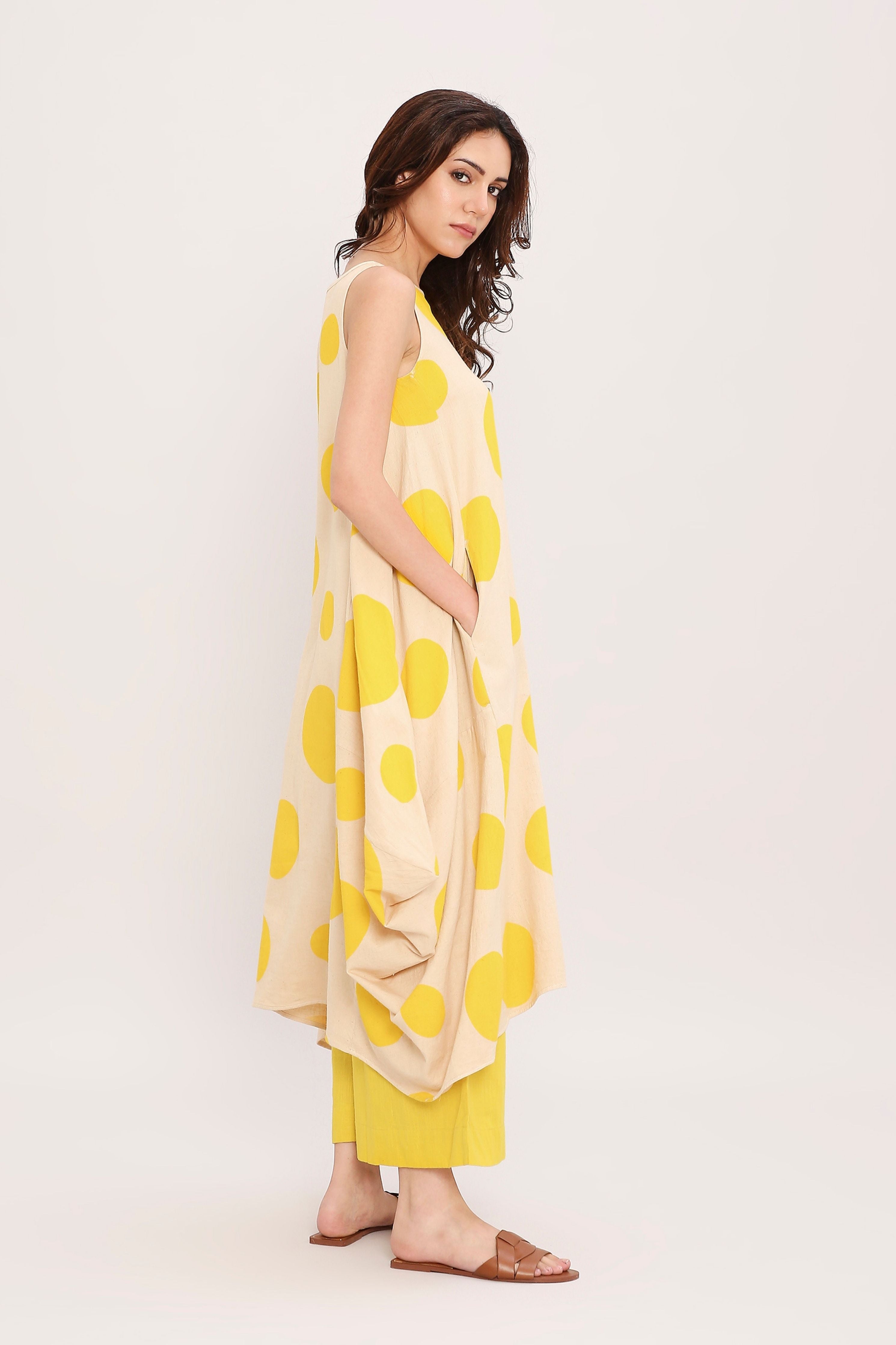 Yellow Hand Block Printed Polka Vari Co-ord Set