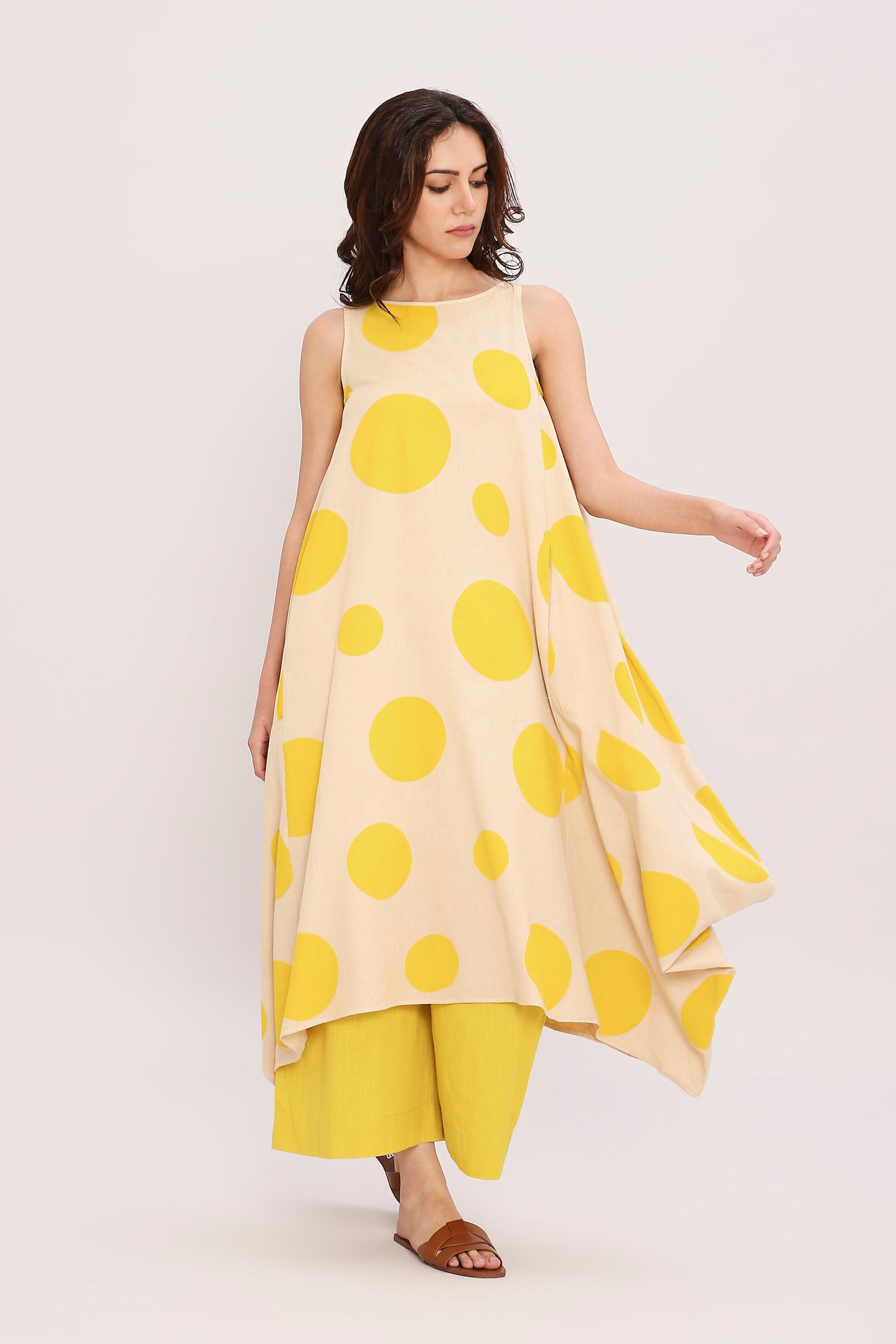 Yellow Hand Block Printed Polka Vari Co-ord Set